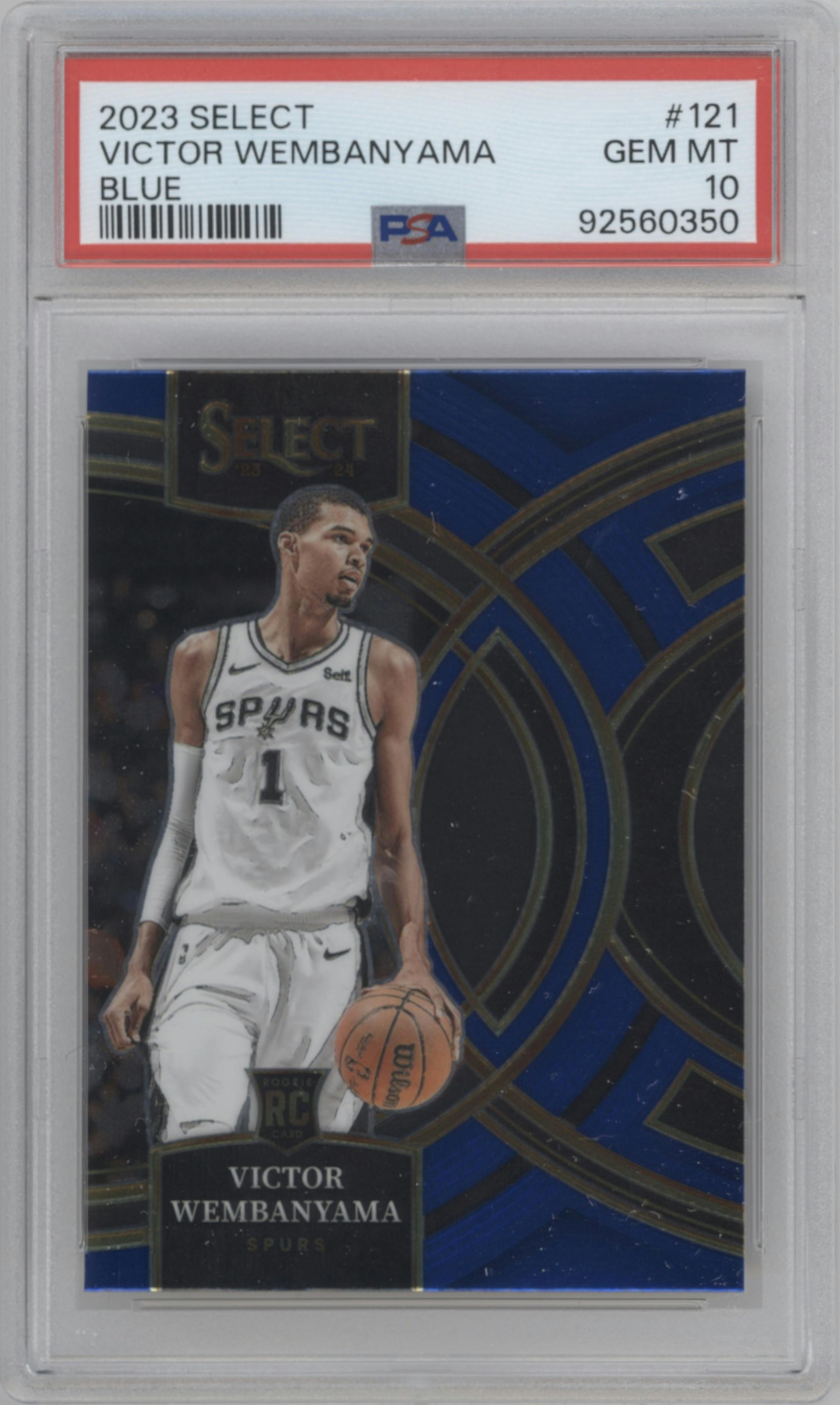 Victor Wembanyama from the 2023-24 Panini Select  set featuring a Blue Prizm parallel graded by PSA and given an overall grade of 10.