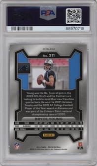 Bryce Young from the 2023 Panini Prizm set featuring a Silver Prizm parallel graded by PSA and given an overall grade of 10.