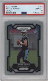 Bryce Young from the 2023 Panini Prizm set featuring a Silver Prizm parallel graded by PSA and given an overall grade of 10.