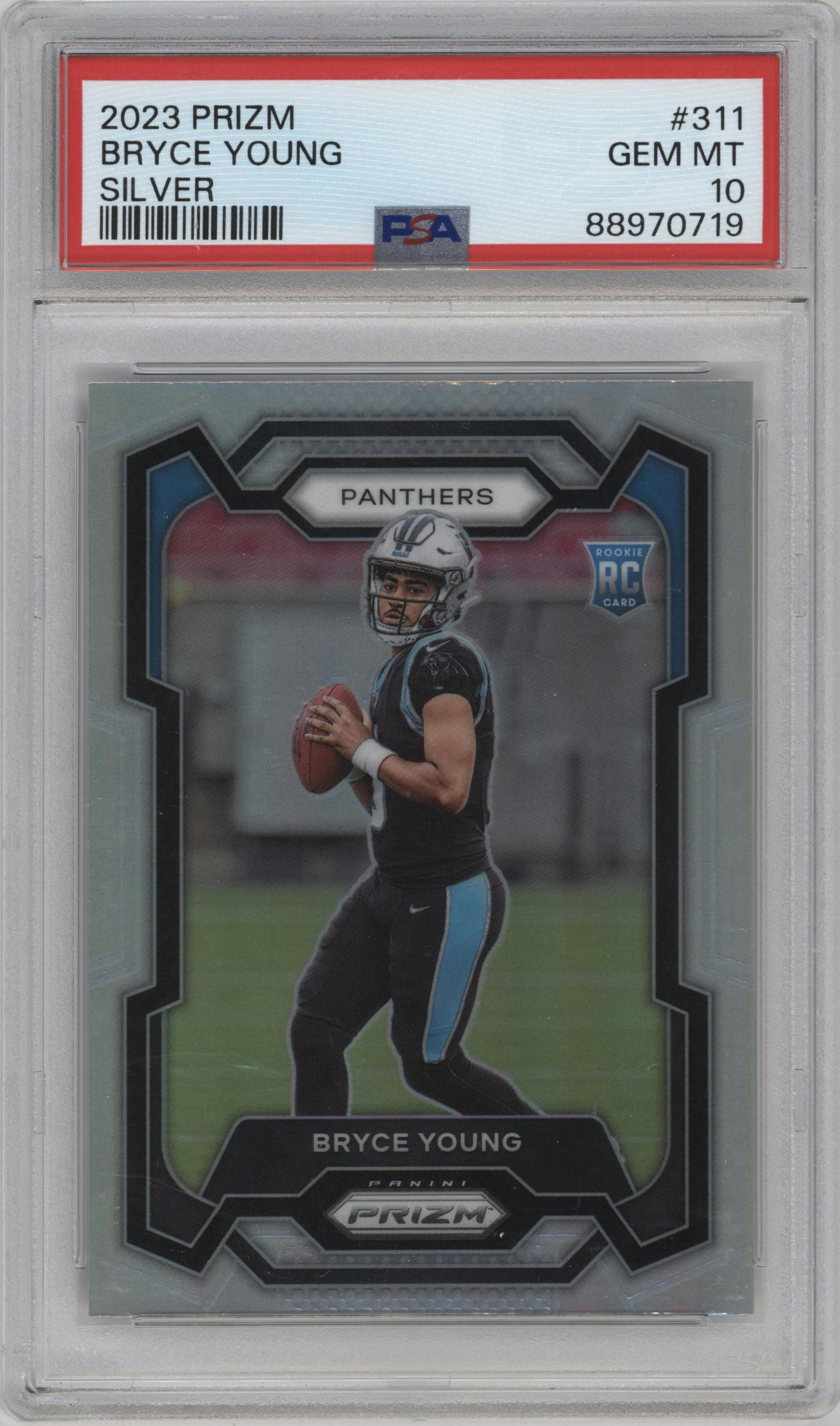 Bryce Young from the 2023 Panini Prizm set featuring a Silver Prizm parallel graded by PSA and given an overall grade of 10.