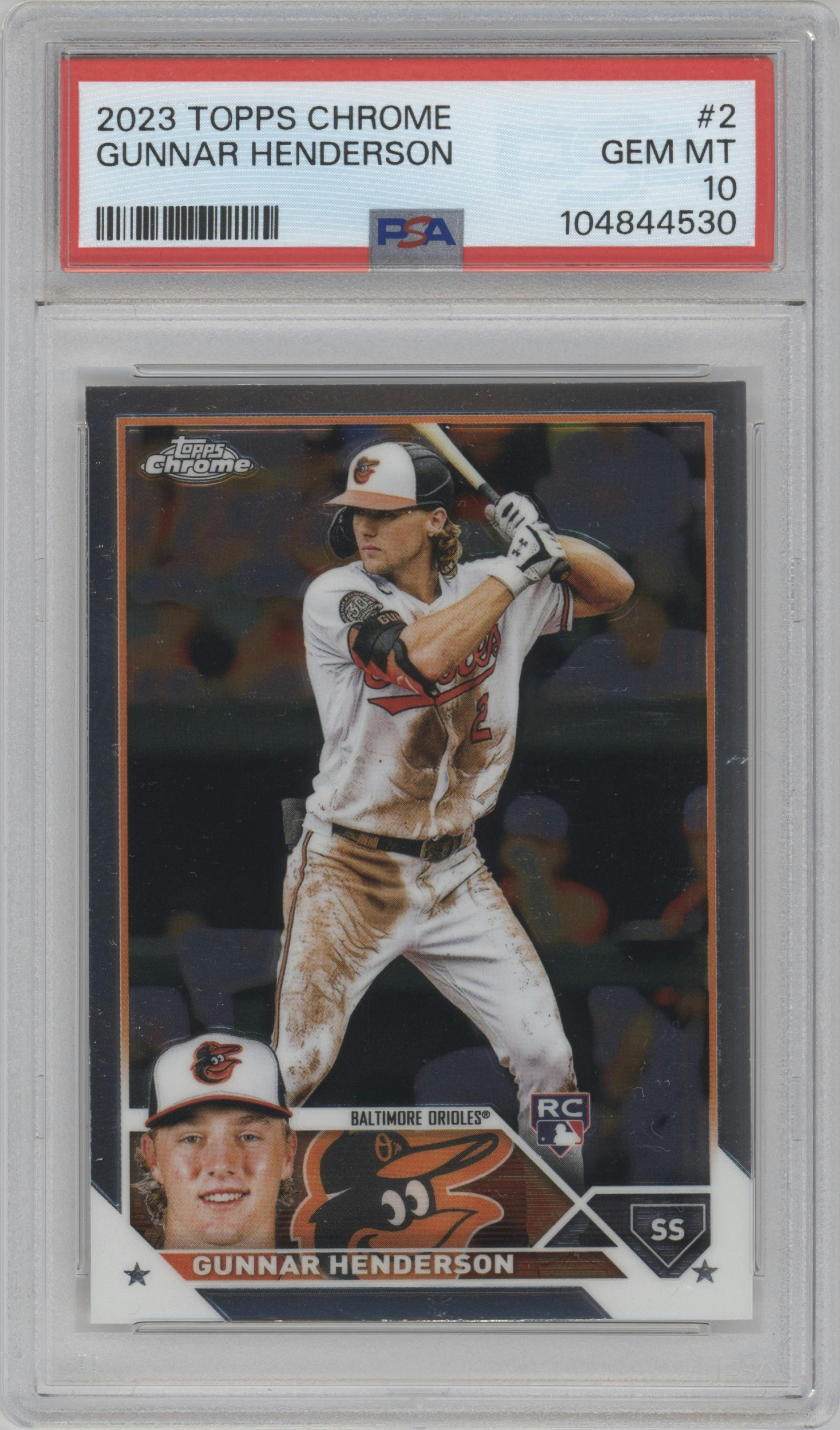 Gunnar Henderson from the 2023 Topps Chrome set graded by PSA and given an overall grade of 10.
