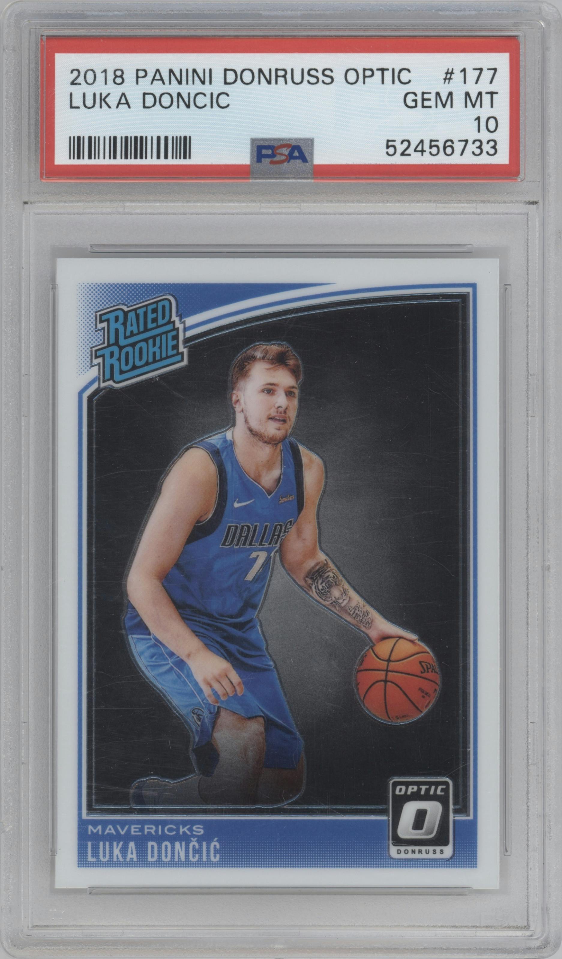Luka Doncic from the 2018-19 Panini Donruss Optic set graded by PSA and given an overall grade of 10.