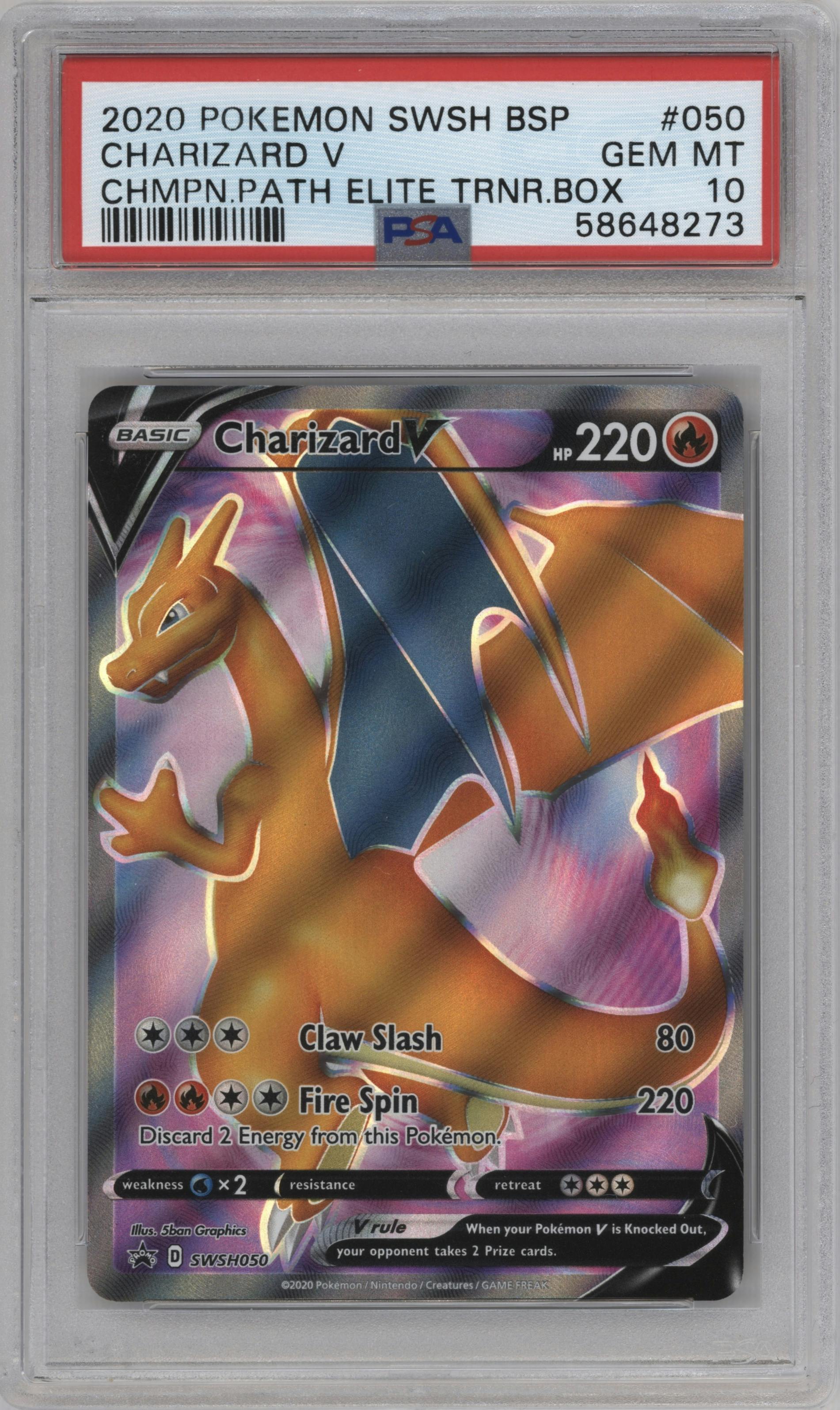Charizard V from the 2020 Pokemon SWSH set featuring a Champion's Path ETB parallel graded by PSA and given an overall grade of 10.