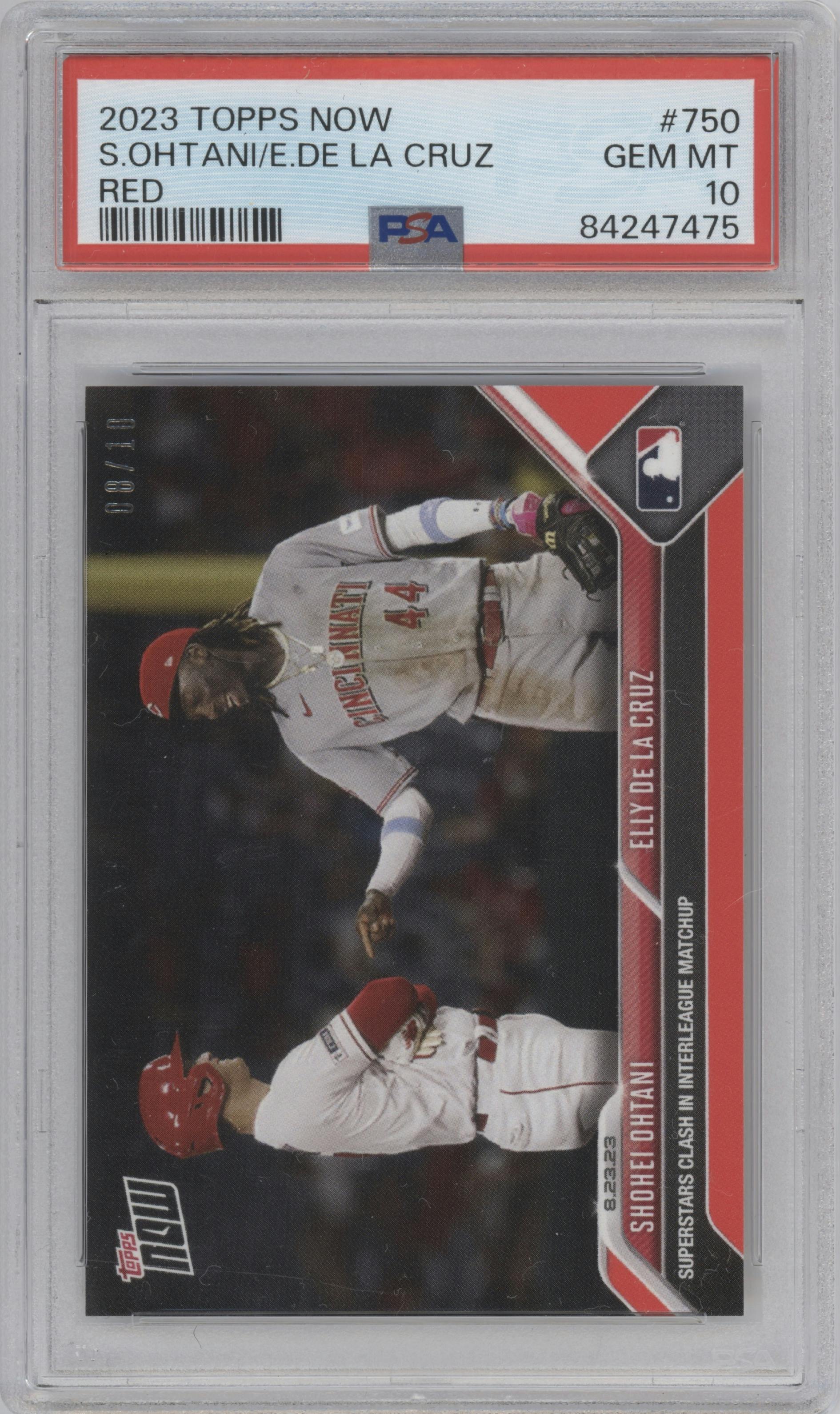 Shohei Ohtani/Elly De La Cruz from the 2023 Topps Now set featuring a Red parallel graded by PSA and given an overall grade of 10.