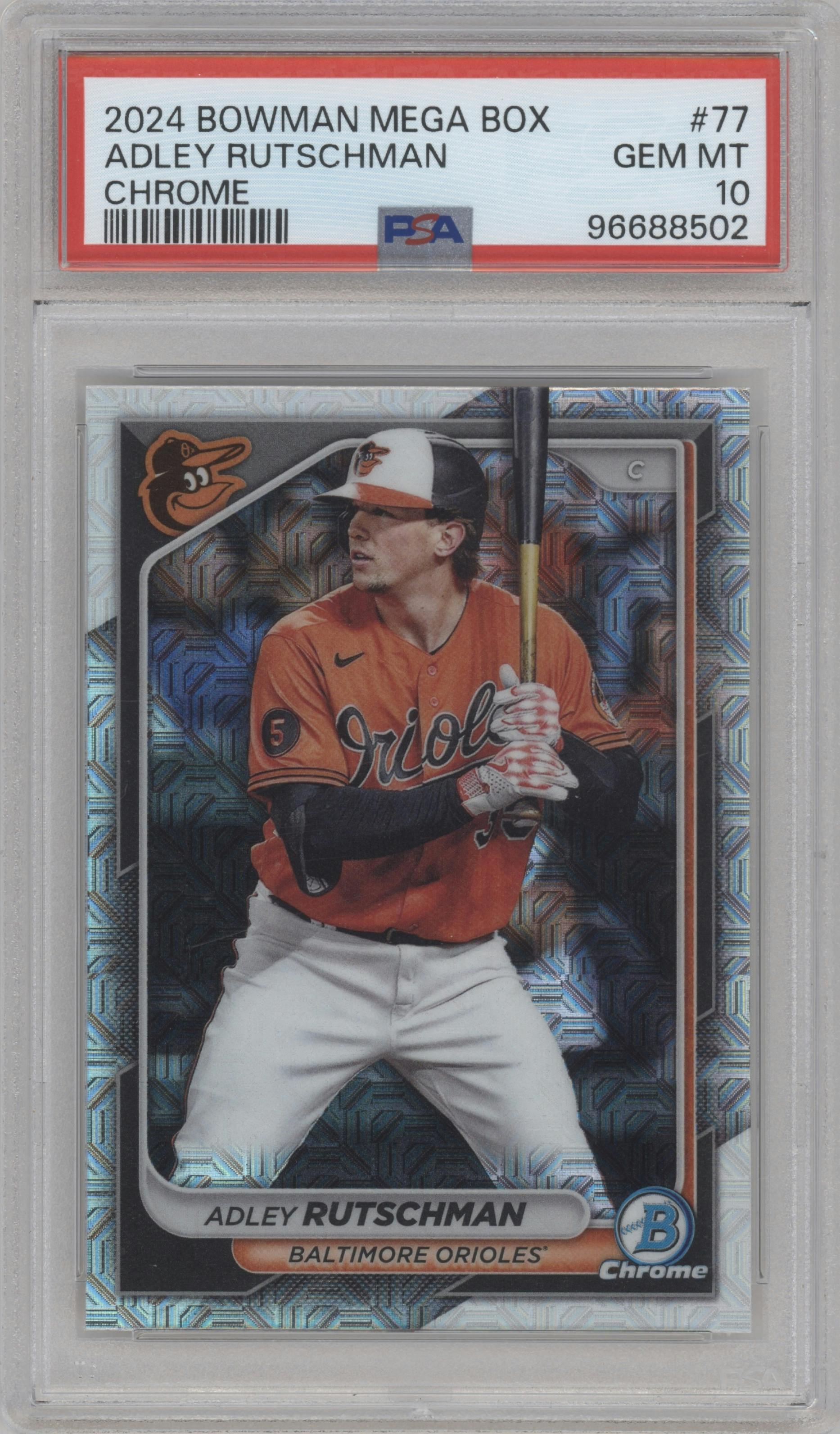Adley Rutschman from the 2024 Bowman Mega Box set graded by PSA and given an overall grade of 10.