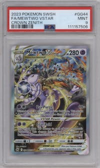 Mewtwo VSTAR from the 2023 Pokemon SWSH set graded by PSA and given an overall grade of 9.