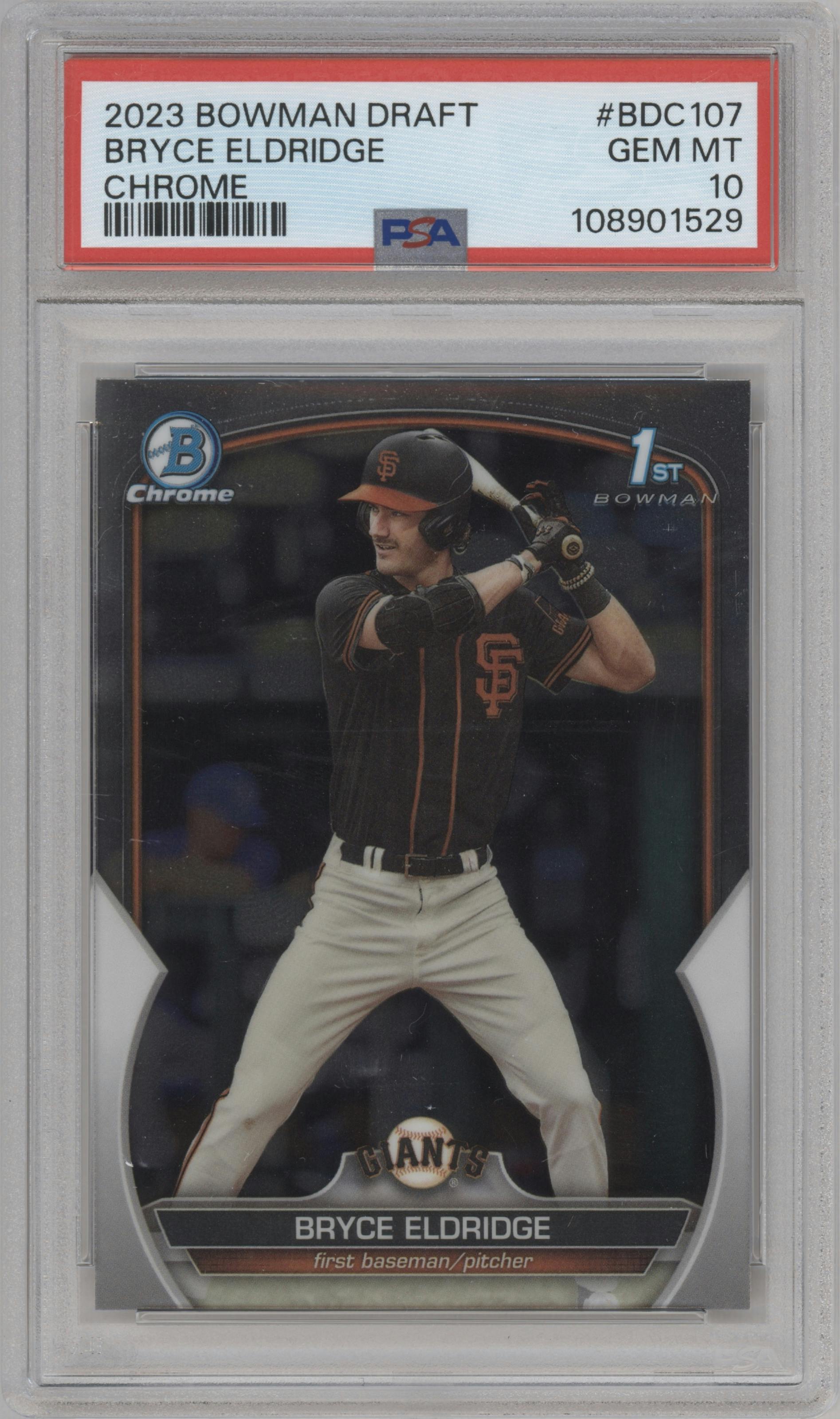 Bryce Eldridge from the 2023 Bowman Draft set graded by PSA and given an overall grade of 10.