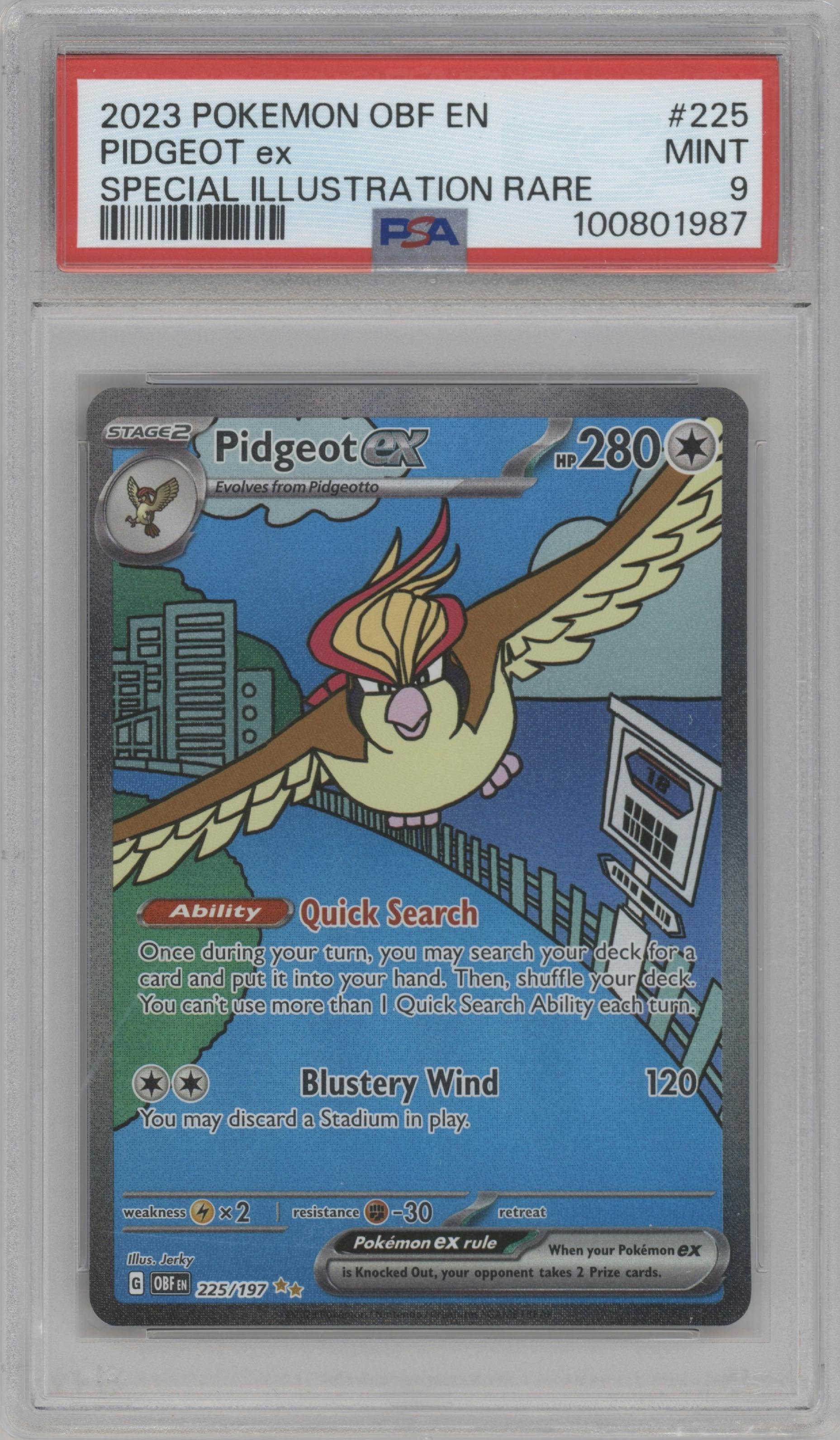 Pidgeot EX from the 2023 Pokemon SV set graded by PSA and given an overall grade of 9.