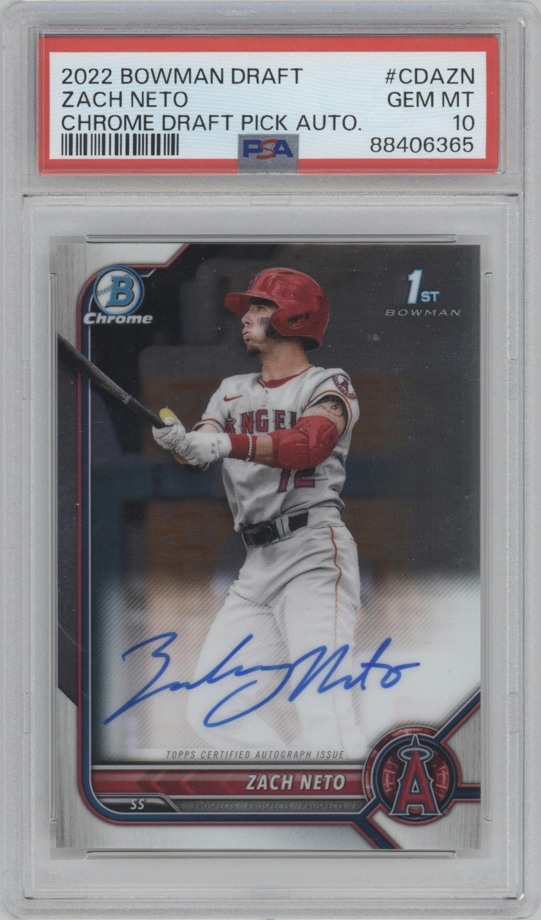 Zach Neto from the 2022 Bowman Draft set graded by PSA and given an overall grade of 10.