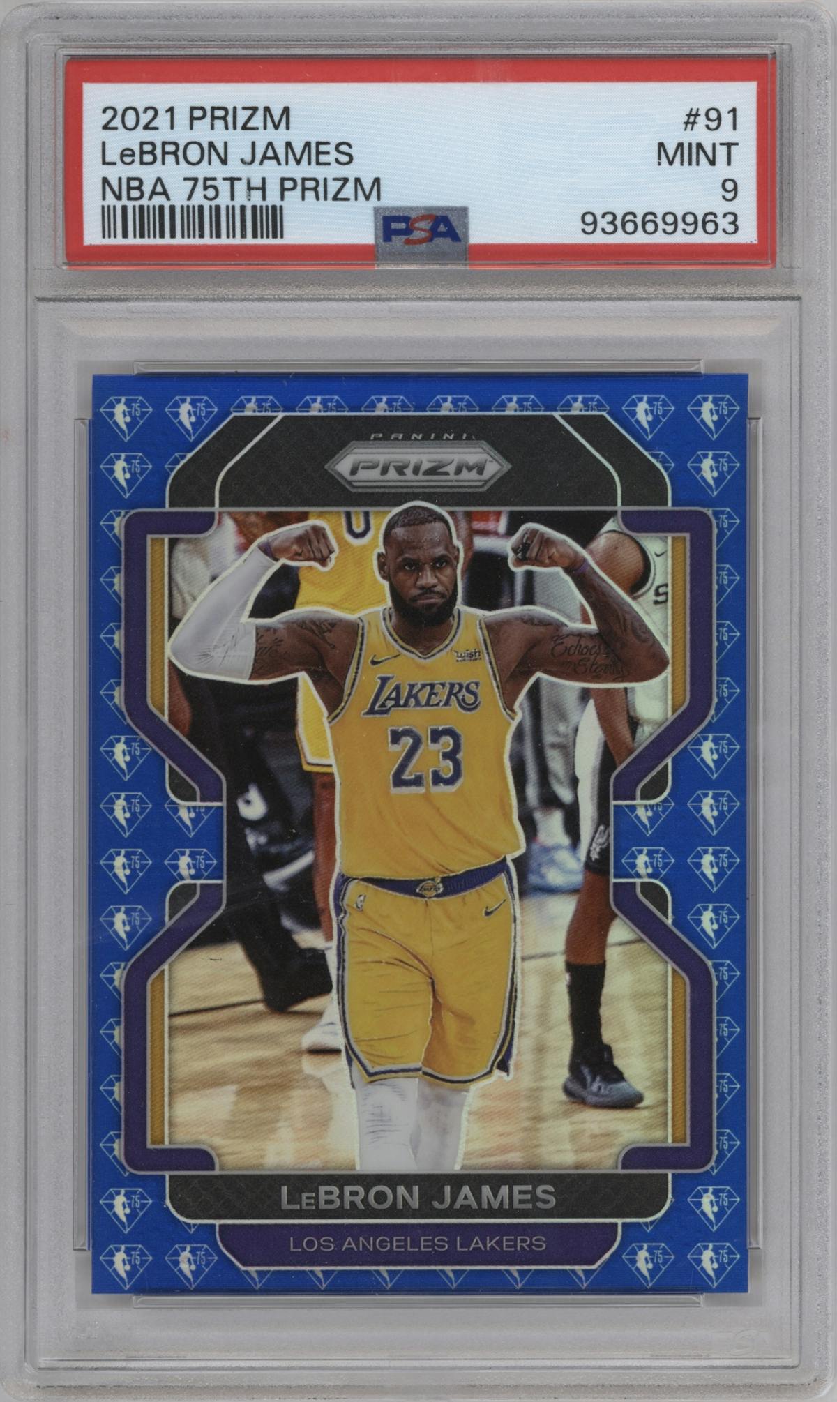 LeBron James from the 2021-22 Panini Prizm  set featuring a Blue NBA 75th Prizm parallel graded by PSA and given an overall grade of 9.