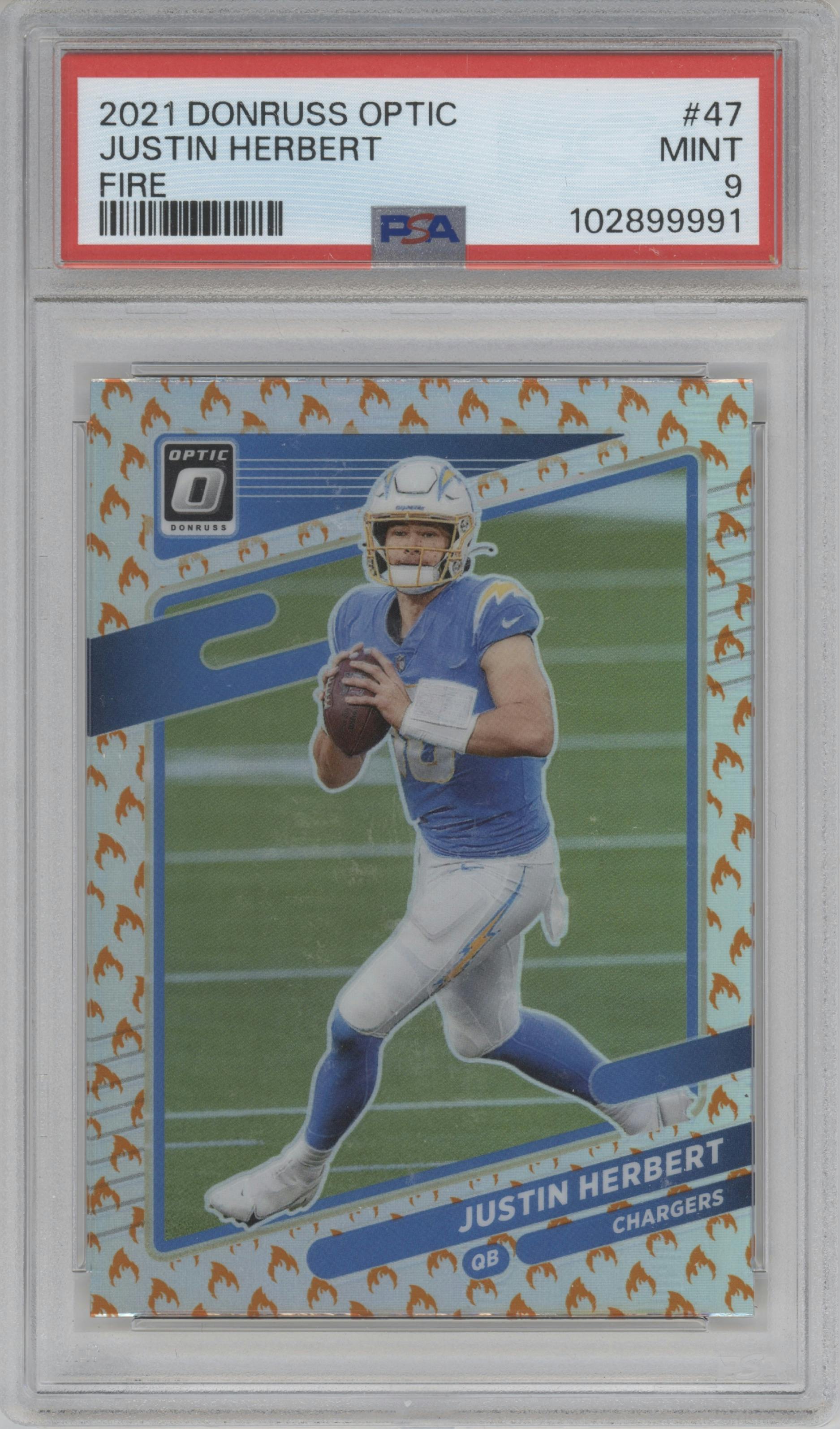 Justin Herbert from the 2021 Panini Donruss Optic set featuring a Fire parallel graded by PSA and given an overall grade of 9.