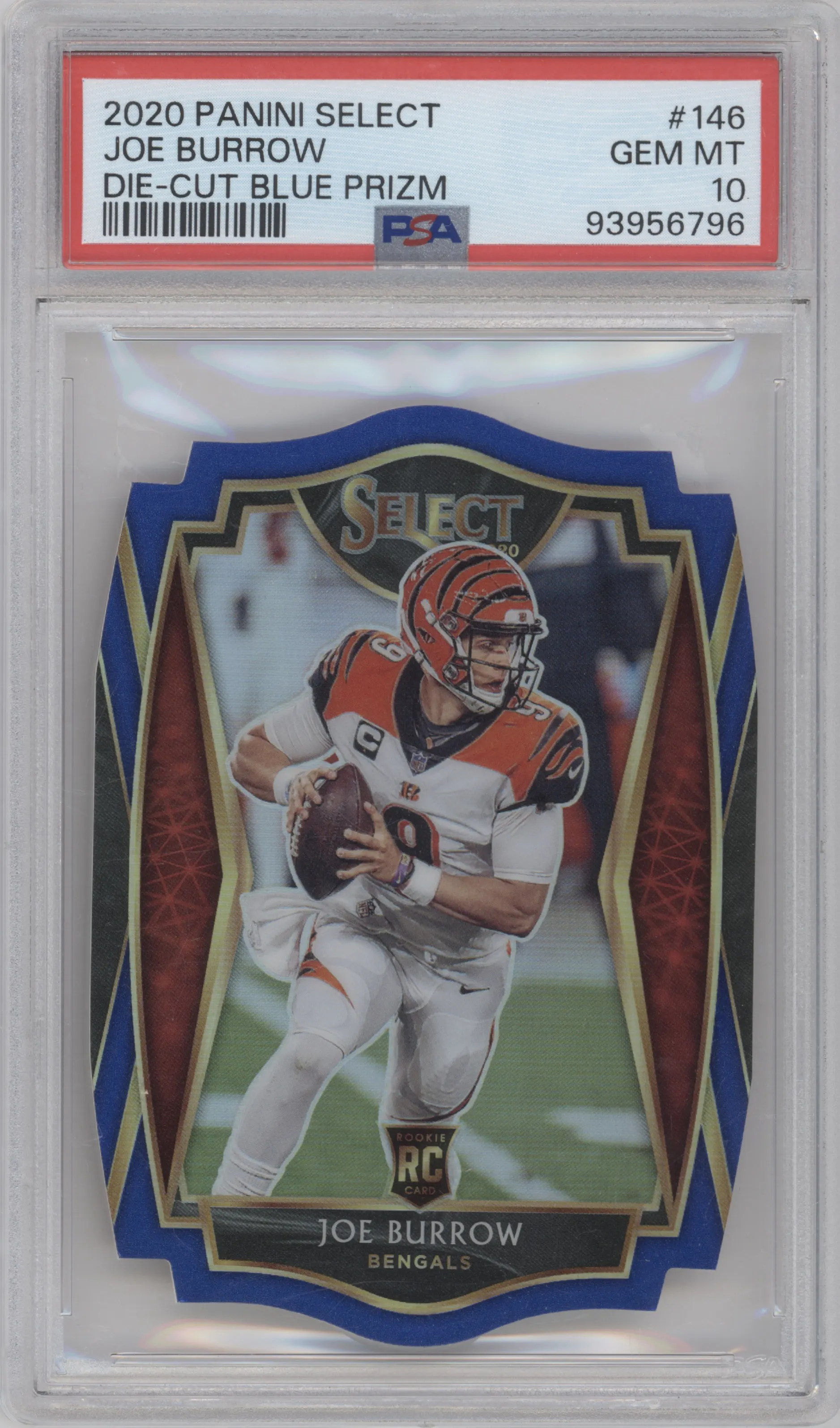 Joe Burrow from the 2020 Panini Select set featuring a Die-Cut Blue parallel graded by PSA and given an overall grade of 10.