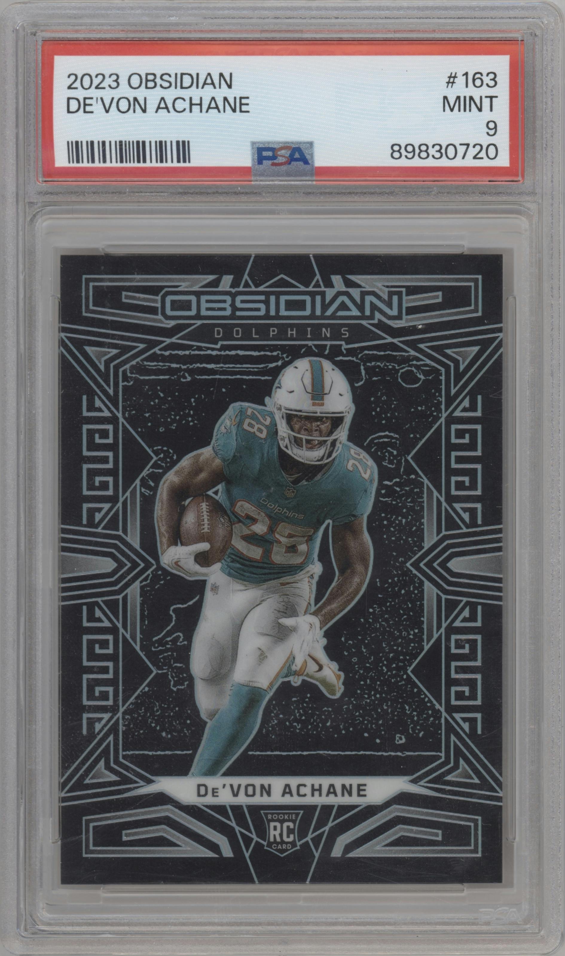 De’Von Achane from the 2023 Panini Obsidian set graded by PSA and given an overall grade of 9.