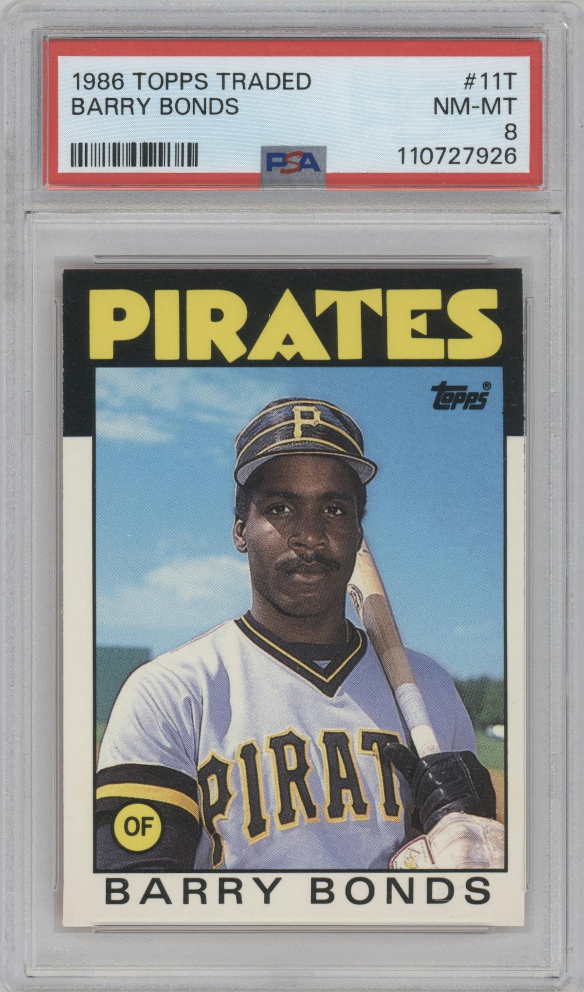 Barry Bonds from the 1986 Topps Traded set graded by PSA and given an overall grade of 8.