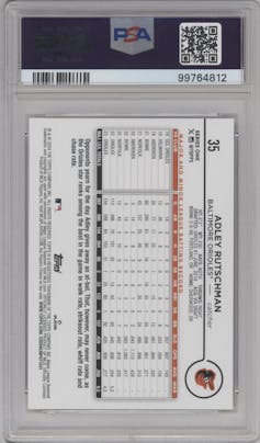 Adley Rutschman from the 2024 Topps  set featuring a True Photo Variation parallel graded by PSA and given an overall grade of 10.