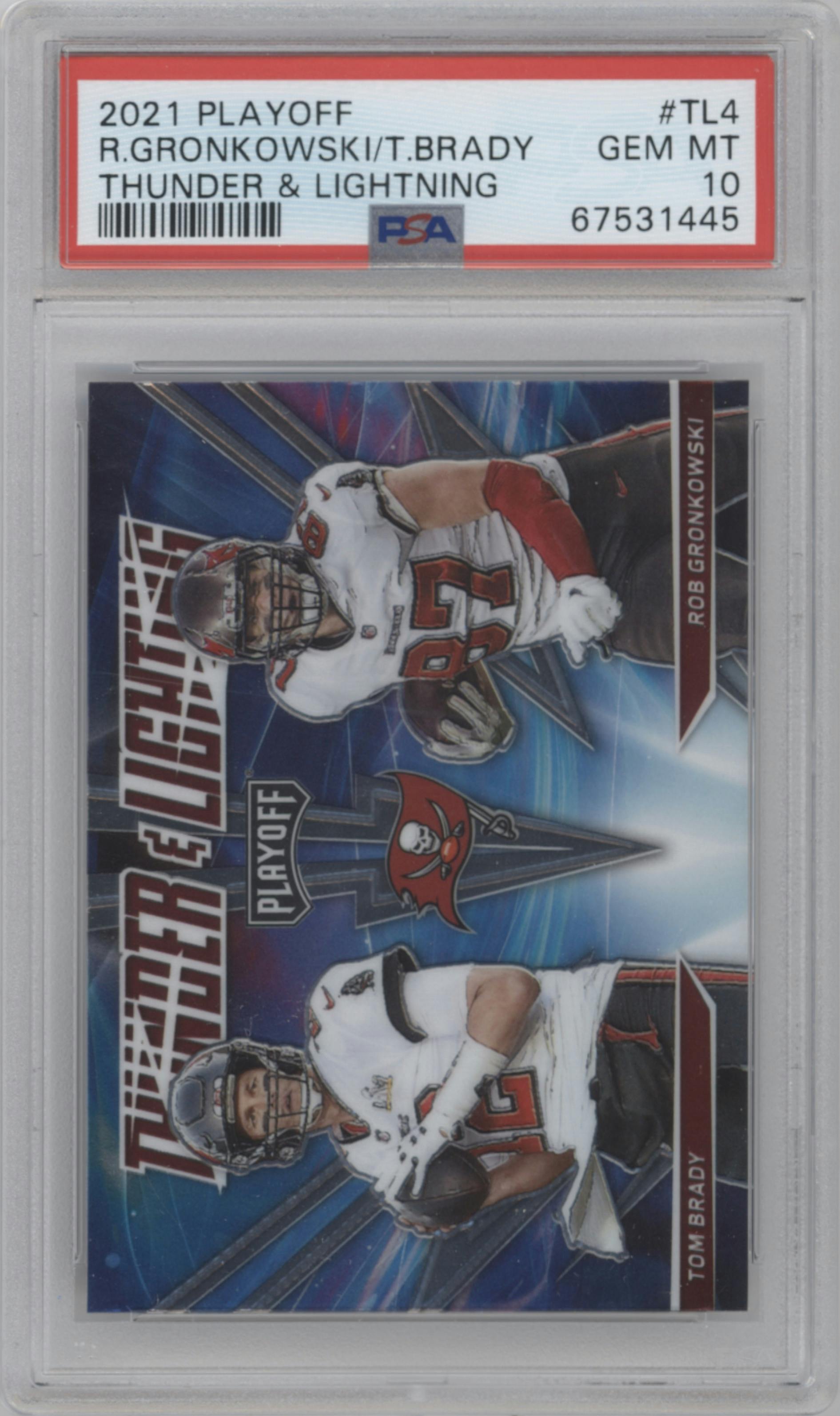 Tom Brady/Rob Gronkowski from the 2021 Panini Playoff set graded by PSA and given an overall grade of 10.