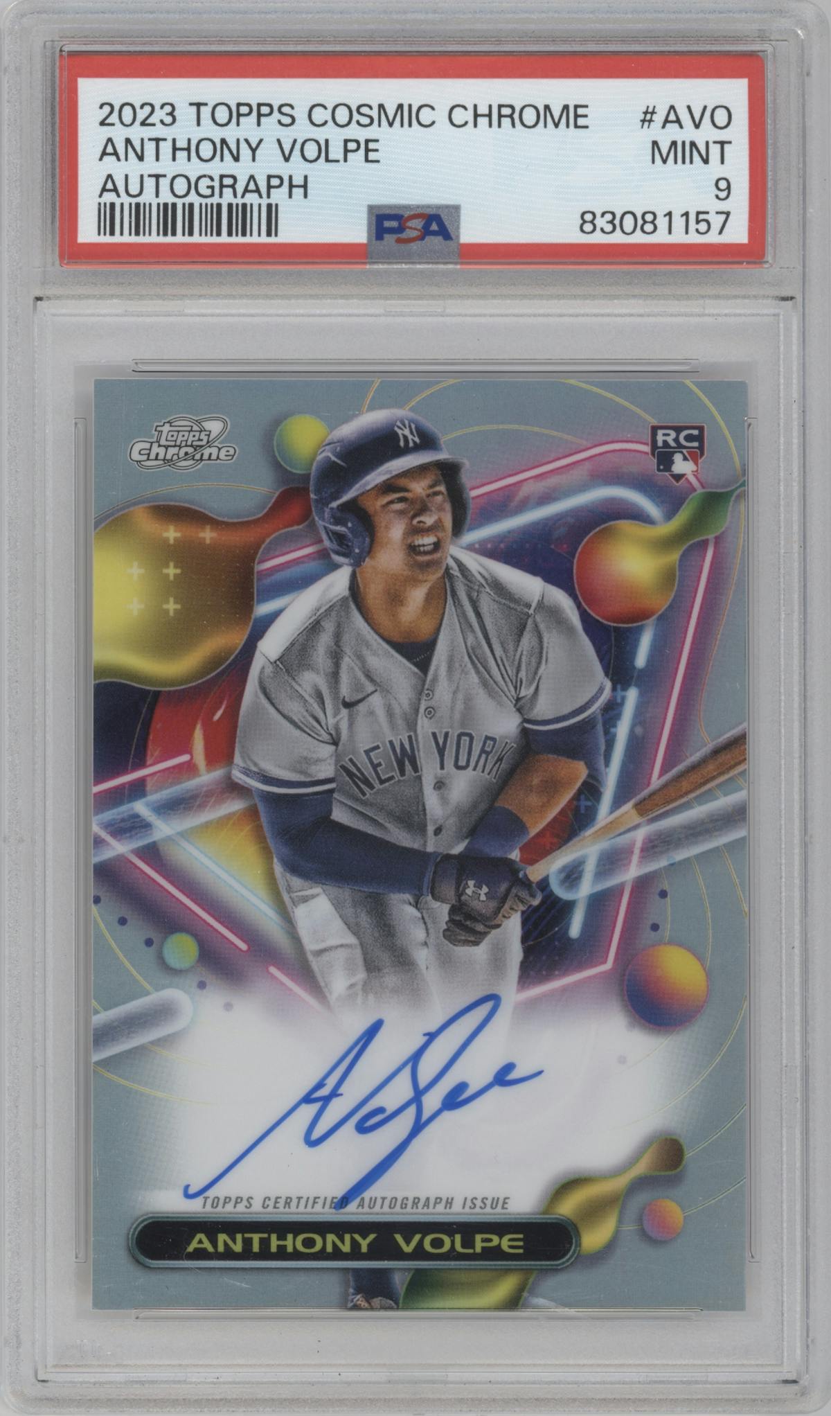Anthony Volpe from the 2023 Topps Cosmic Chrome set graded by PSA and given an overall grade of 9.