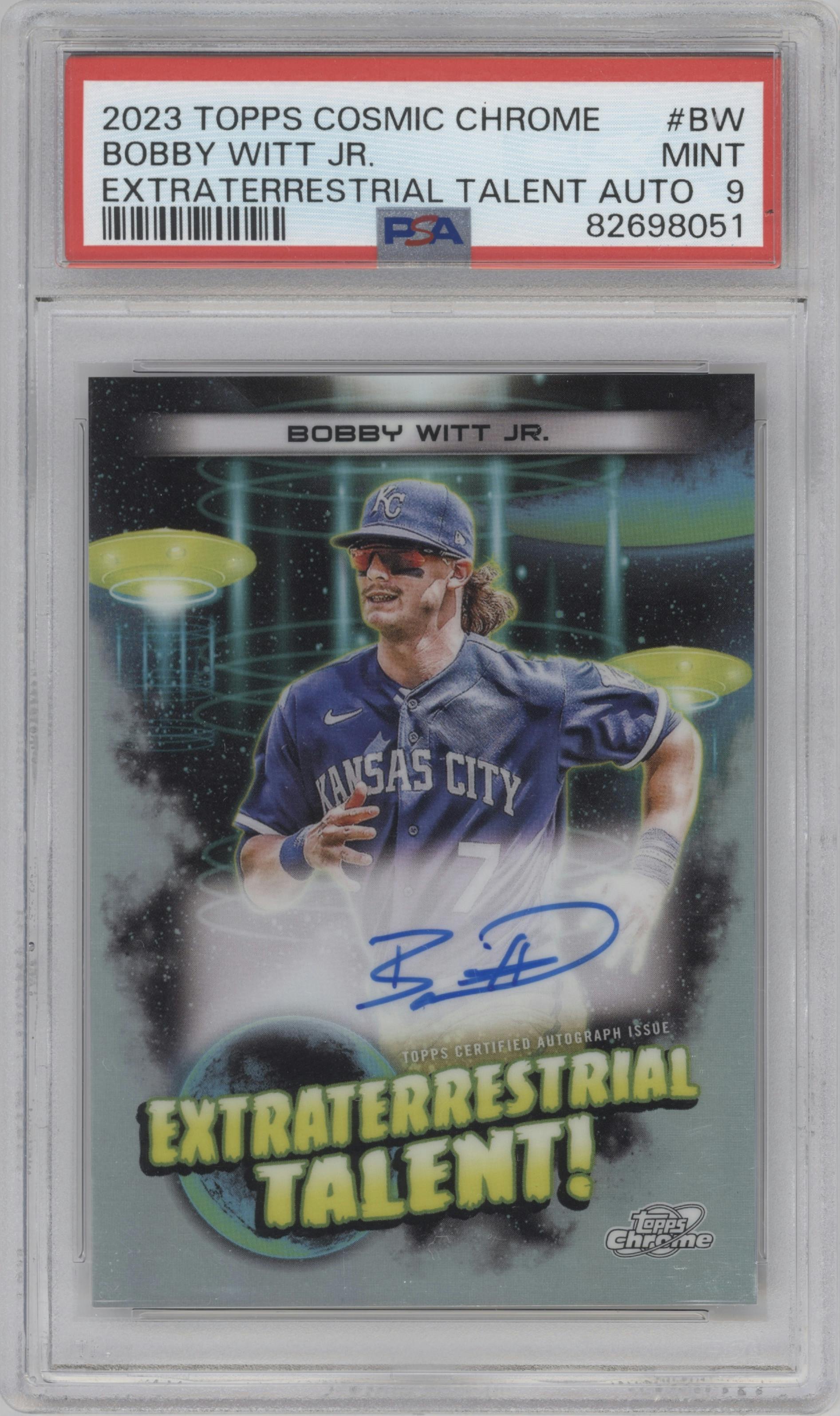 Bobby Witt Jr. from the 2023 Topps Cosmic Chrome set graded by PSA and given an overall grade of 9.