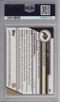 Travis Hunter  from the 2023 Bowman Chrome University set featuring a Gold Shimmer parallel graded by PSA and given an overall grade of 10.