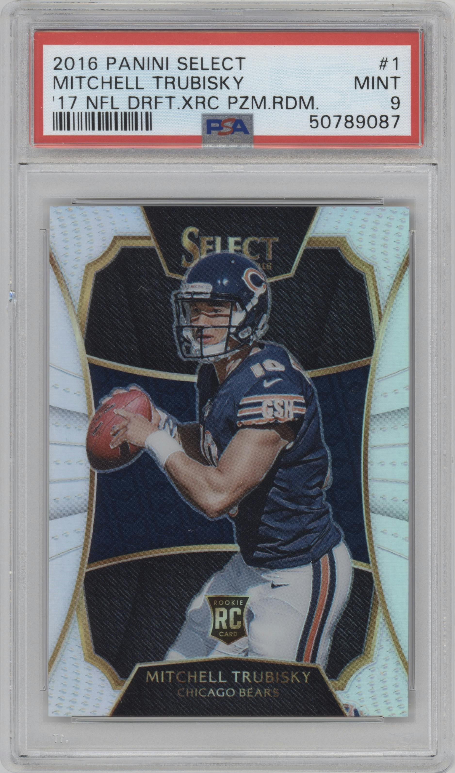 Mitchell Trubisky from the 2016 Panini Select set graded by PSA and given an overall grade of 9.