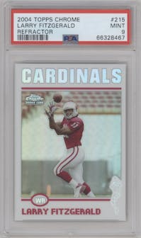 Larry Fitzgerald from the 2004 Topps Chrome set featuring a Refractor parallel graded by PSA and given an overall grade of 9.