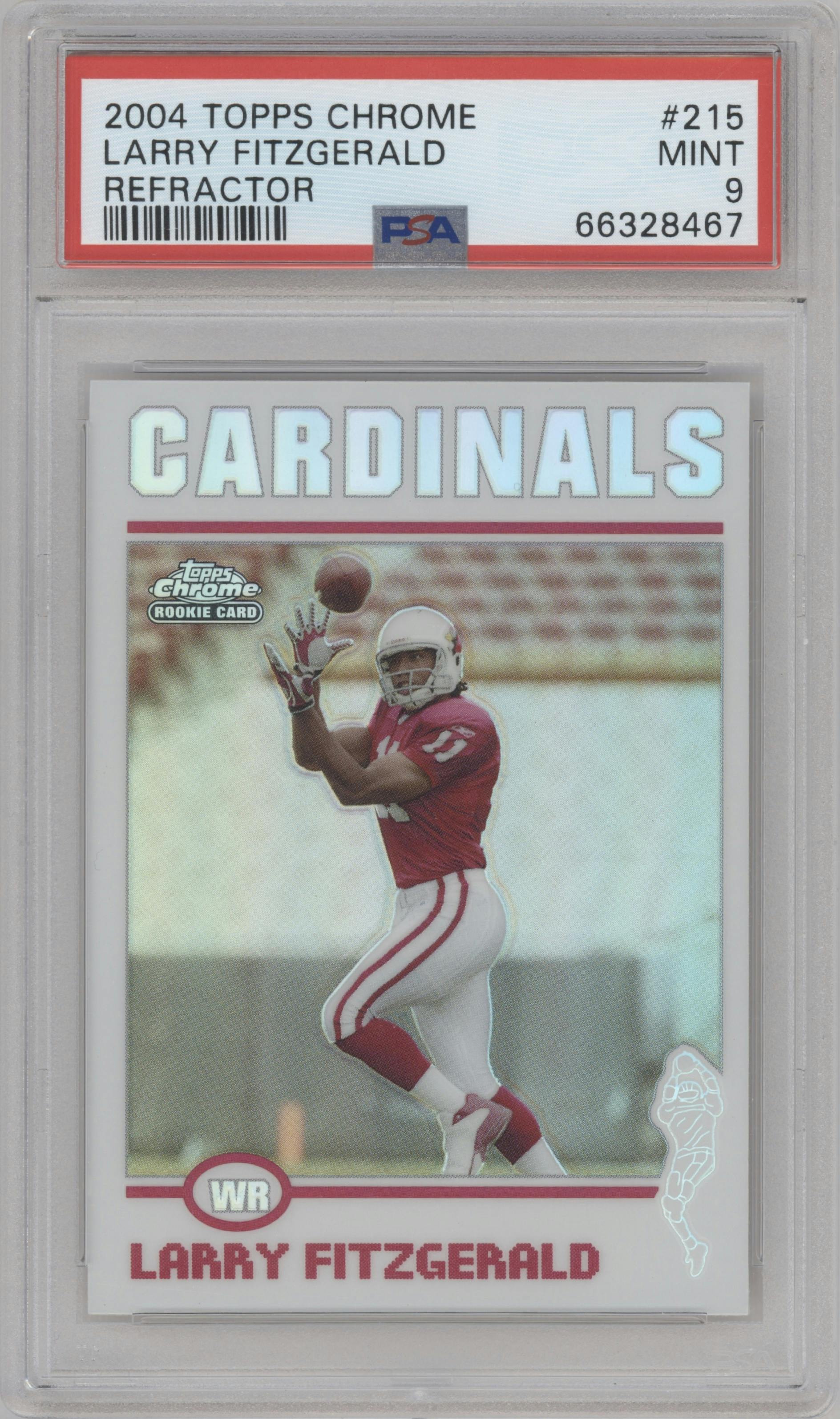 Larry Fitzgerald from the 2004 Topps Chrome set featuring a Refractor parallel graded by PSA and given an overall grade of 9.