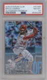 Bryce Harper from the 2018 Topps Stadium Club set featuring a Rainbow parallel graded by PSA and given an overall grade of 8.5.