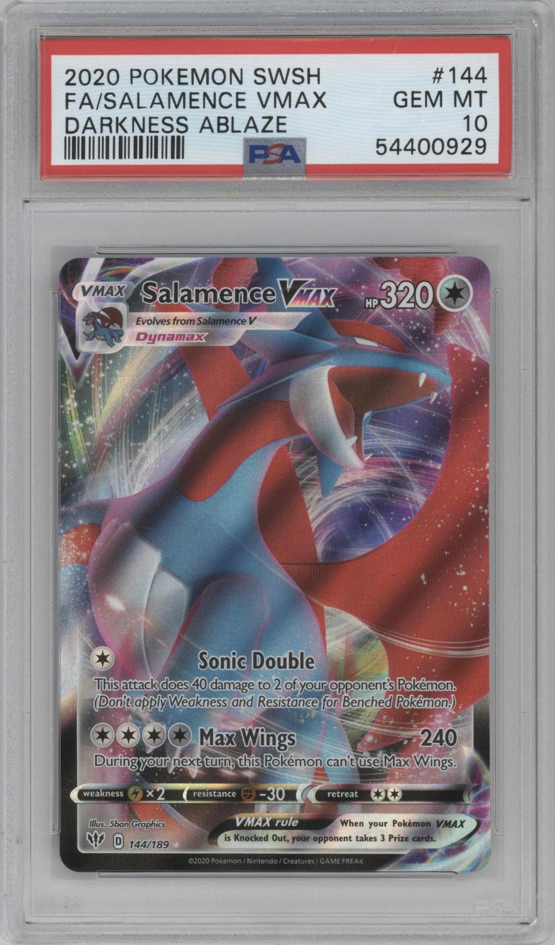Salamence VMAX from the 2020 Pokemon SWSH set graded by PSA and given an overall grade of 10.