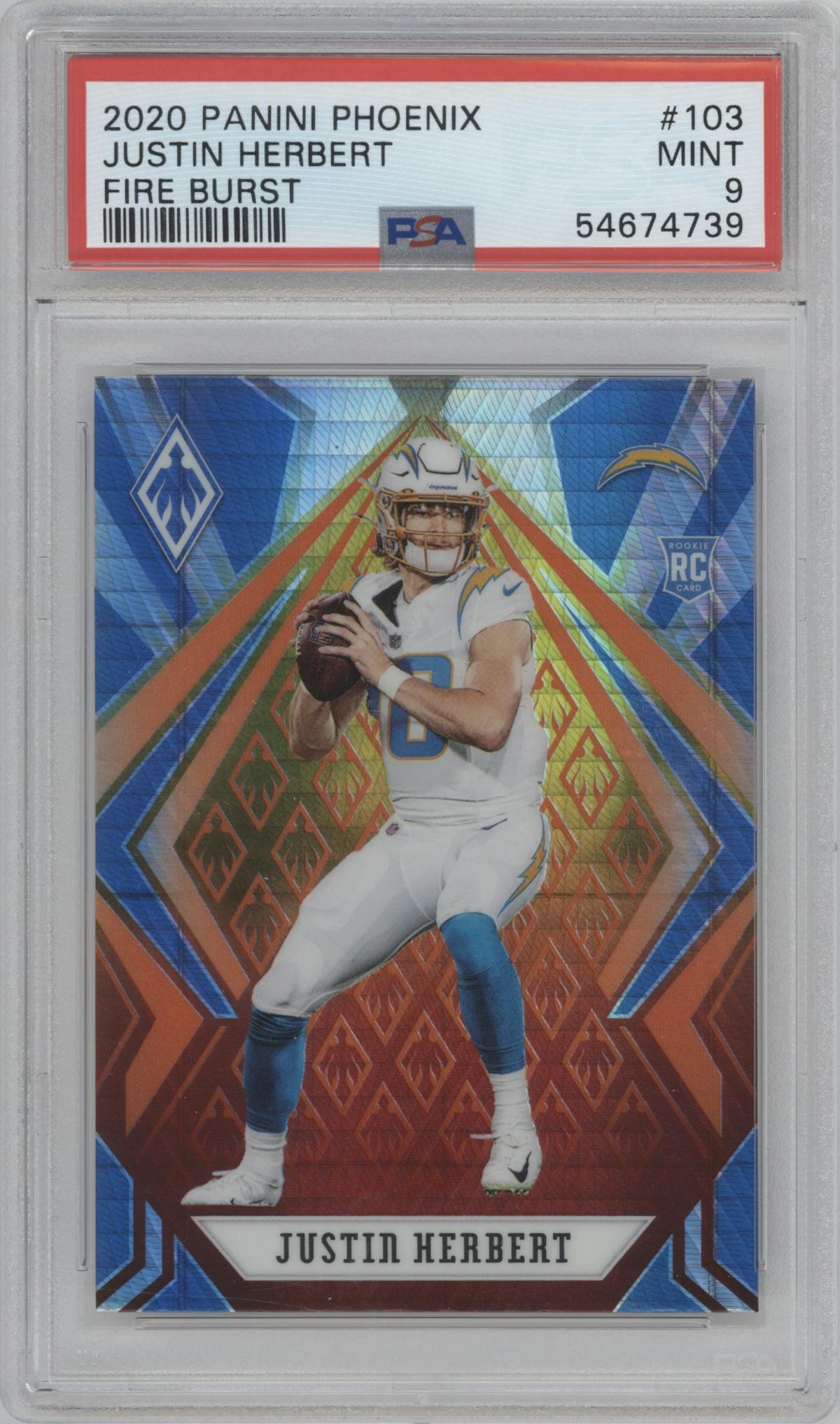 Justin Herbert from the 2020 Panini Phoenix set featuring a Fire Burst parallel graded by PSA and given an overall grade of 9.