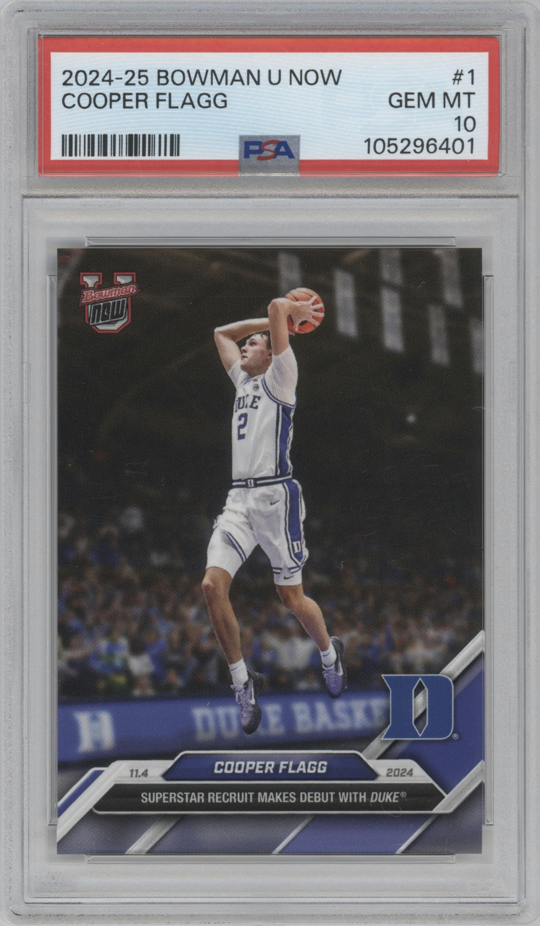 Cooper Flagg from the 2024-25 Bowman U Now set graded by PSA and given an overall grade of 10.