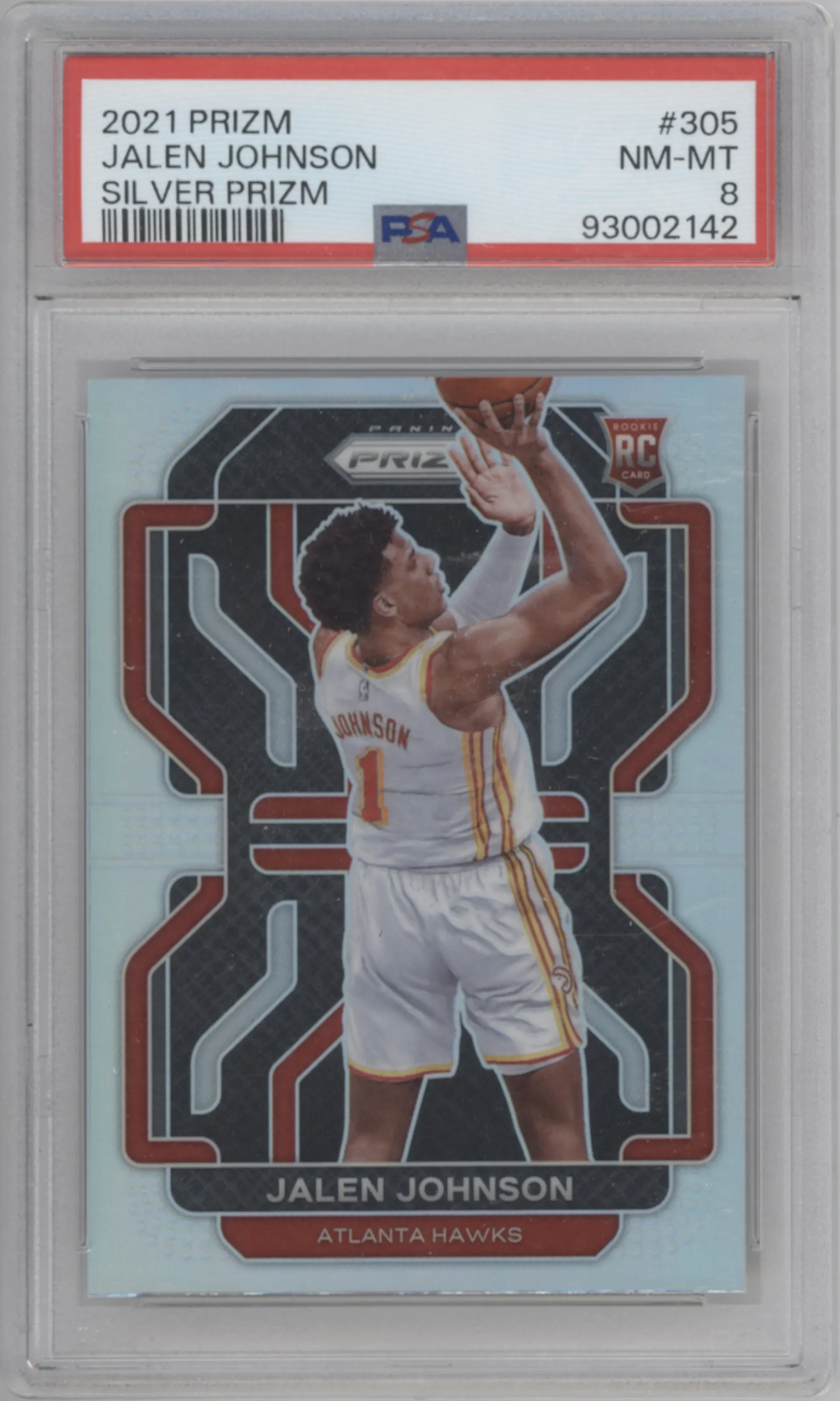 Jalen Johnson from the 2021-22 Panini Prizm  set featuring a Silver Prizm parallel graded by PSA and given an overall grade of 8.