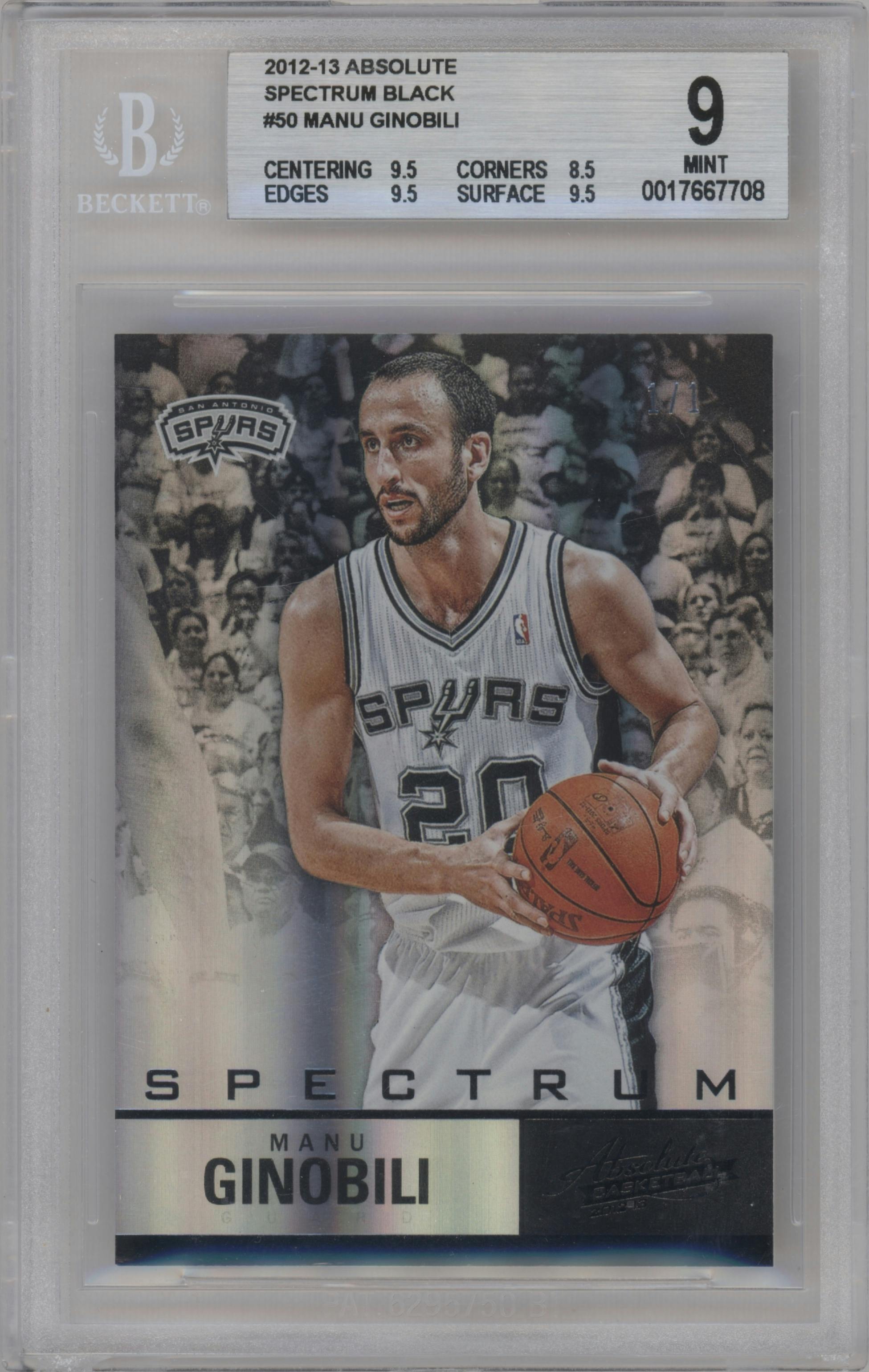 Manu Ginobili from the 2012-13 Panini Absolute set featuring a Spectrum Black parallel graded by Beckett and given an overall grade of 9.