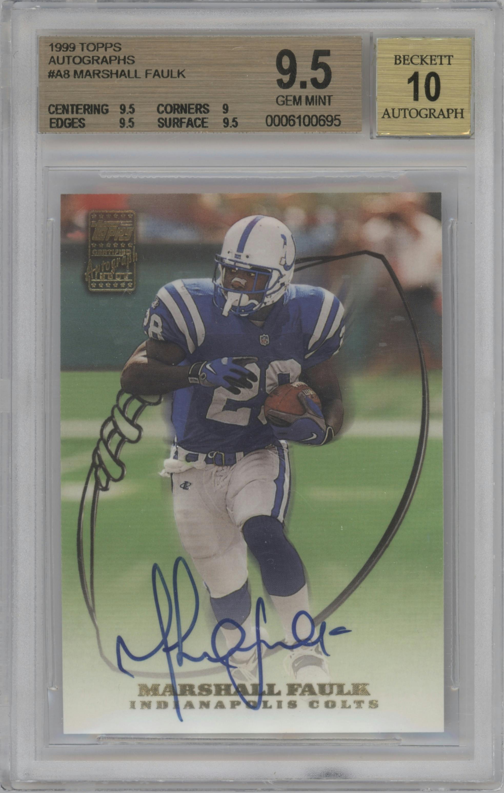 Marshall Faulk from the 1999 Topps set graded by Beckett and given an overall grade of 9.5.