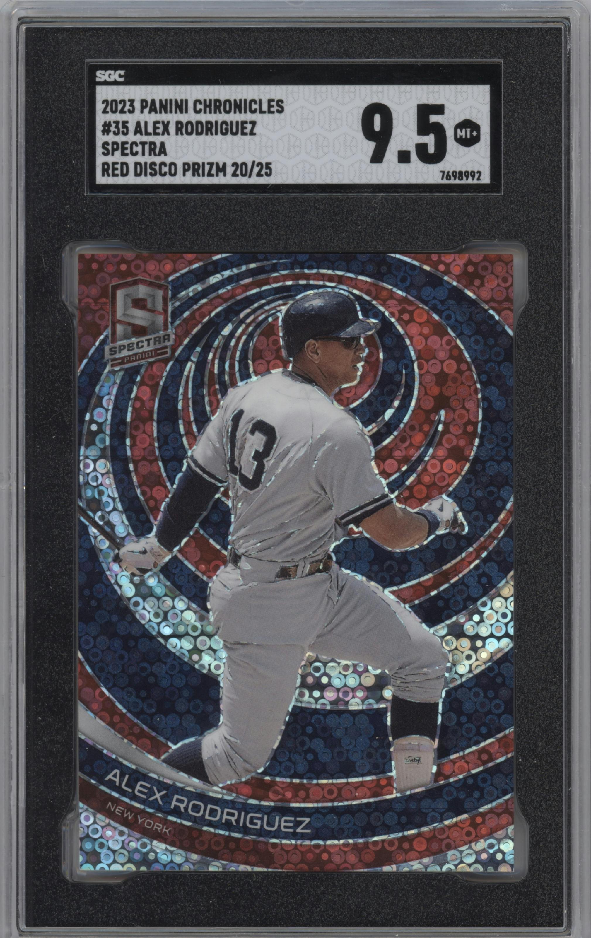 Alex Rodriguez from the 2023 Panini Chronicles set featuring a Red Disco parallel graded by SGC and given an overall grade of 9.5.