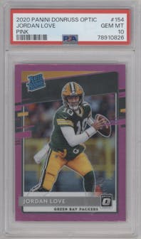 Jordan Love from the 2020 Panini Donruss Optic set featuring a Pink parallel graded by PSA and given an overall grade of 10.