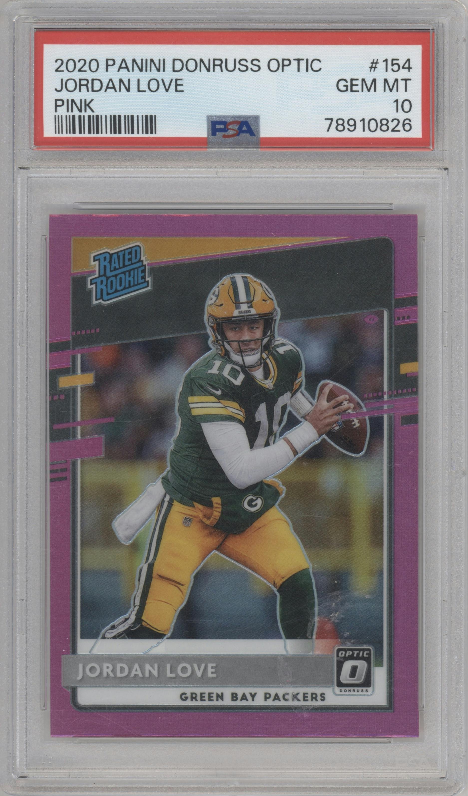 Jordan Love from the 2020 Panini Donruss Optic set featuring a Pink parallel graded by PSA and given an overall grade of 10.