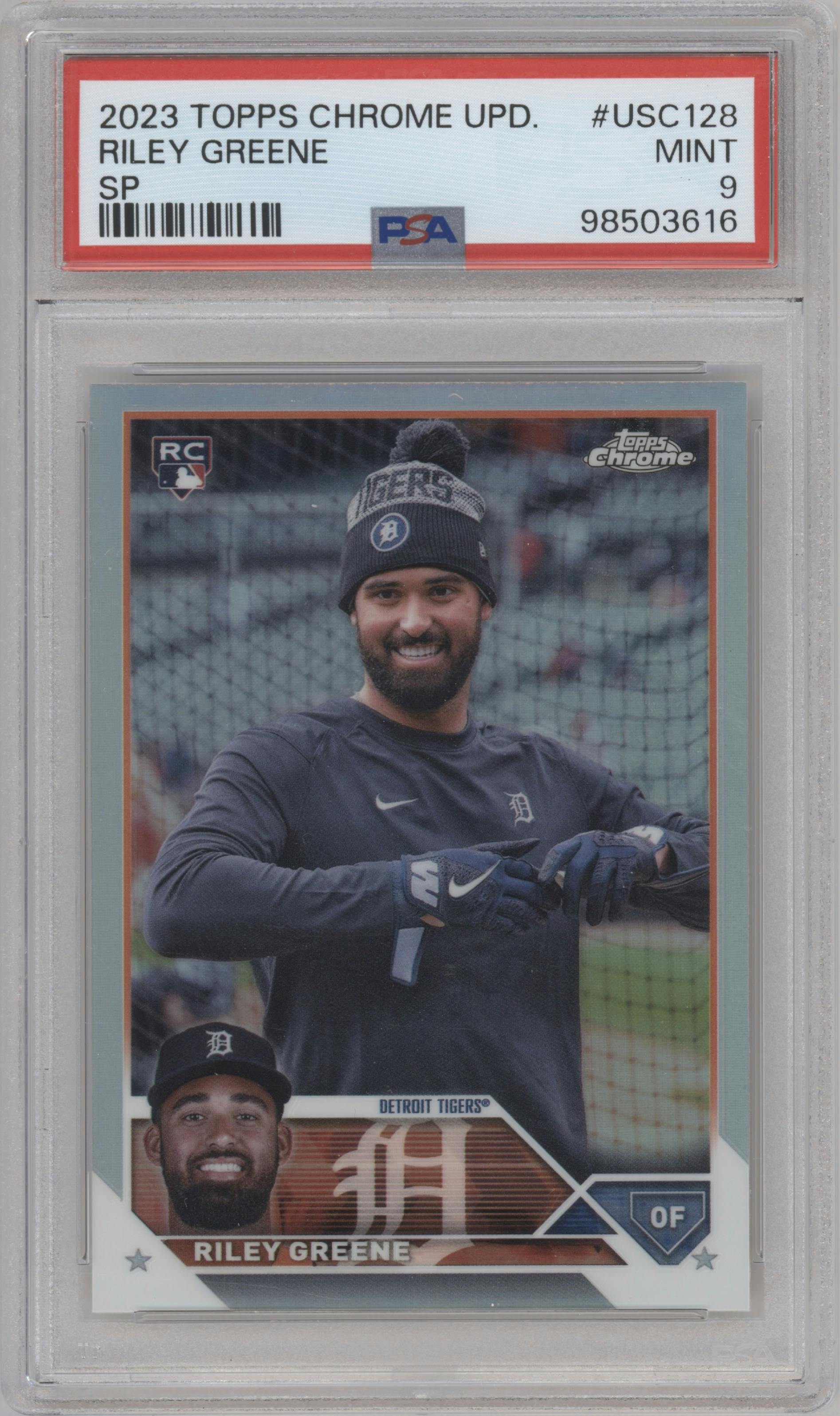 Riley Greene from the 2023 Topps Chrome Update set graded by PSA and given an overall grade of 9.