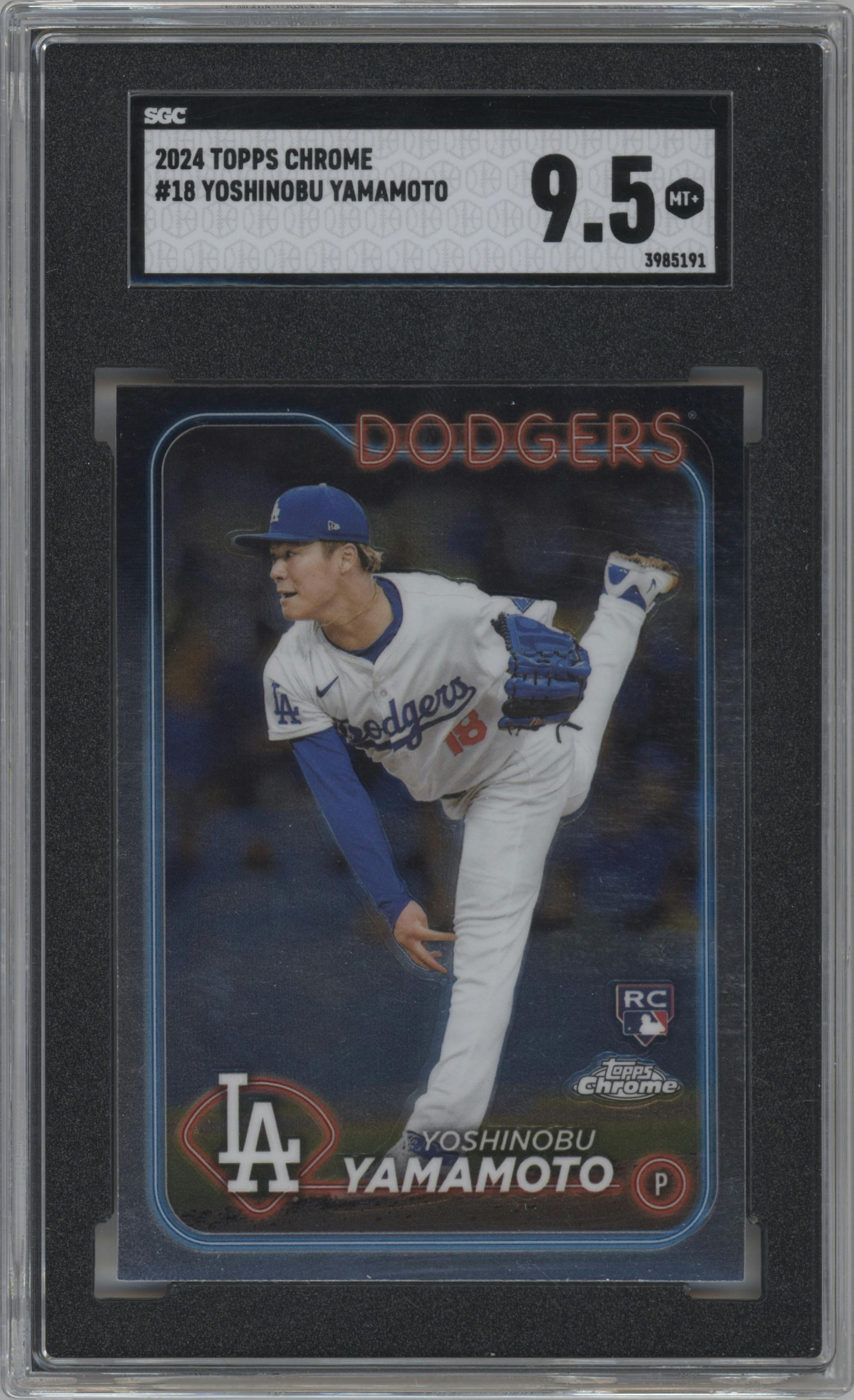 Yoshinobu Yamamoto from the 2024 Topps Chrome set graded by SGC and given an overall grade of 9.5.