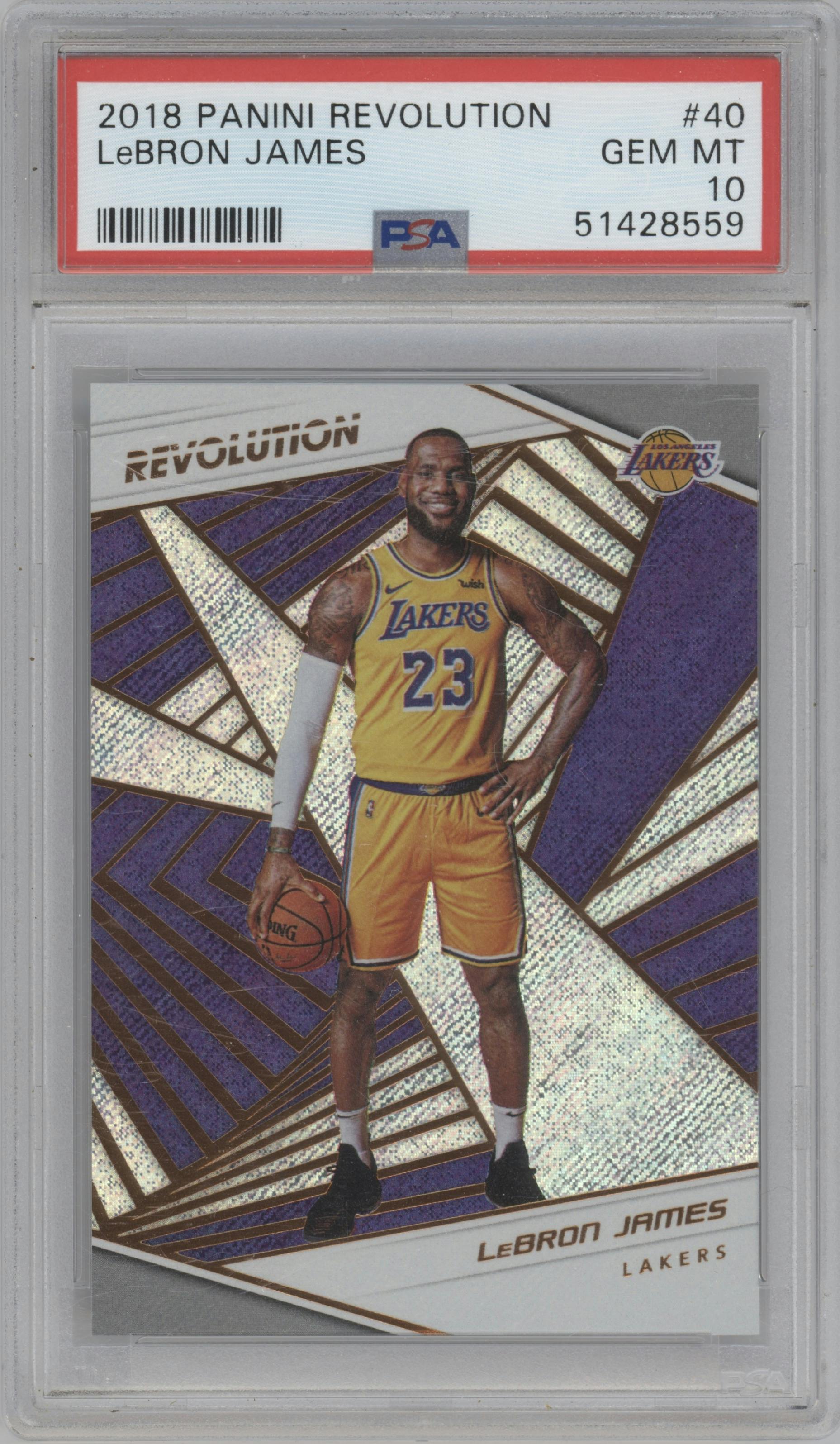 LeBron James from the 2018-19 Panini Revolution  set graded by PSA and given an overall grade of 10.