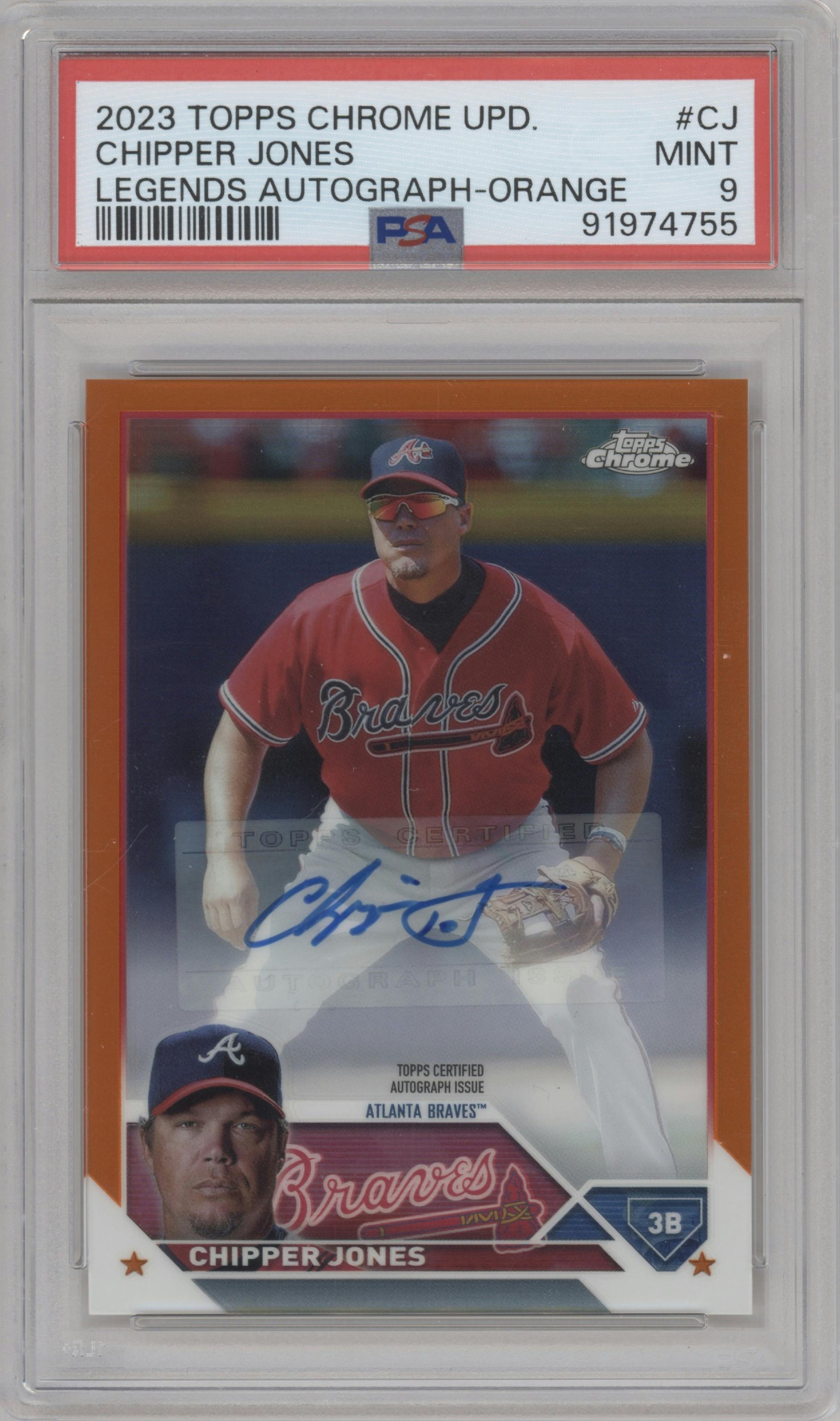 Chipper Jones from the 2023 Topps Chrome Update set featuring a Orange parallel graded by PSA and given an overall grade of 9.