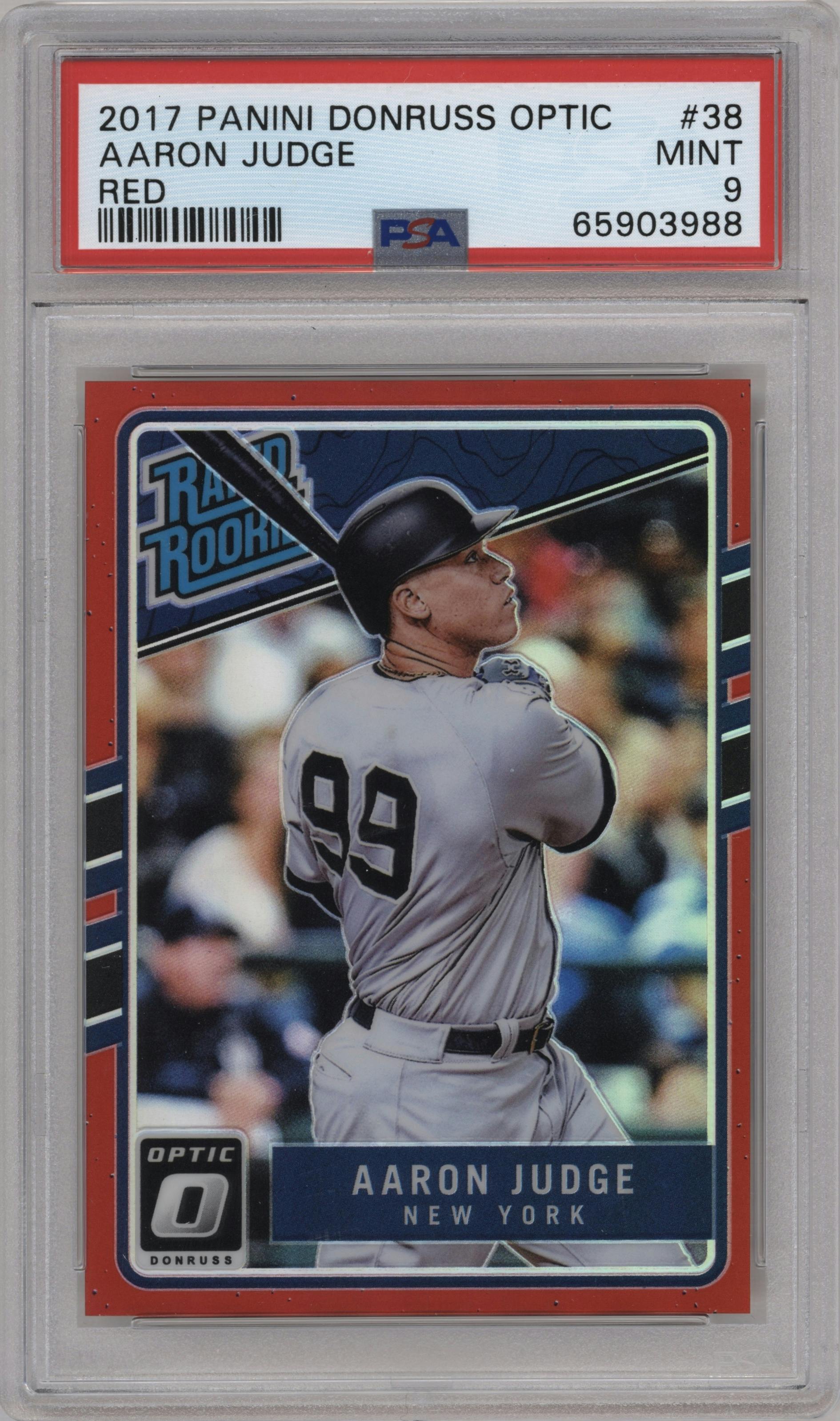 Aaron Judge from the 2017 Panini Donruss Optic set featuring a Red parallel graded by PSA and given an overall grade of 9.