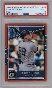 Aaron Judge from the 2017 Panini Donruss Optic set featuring a Red parallel graded by PSA and given an overall grade of 9.