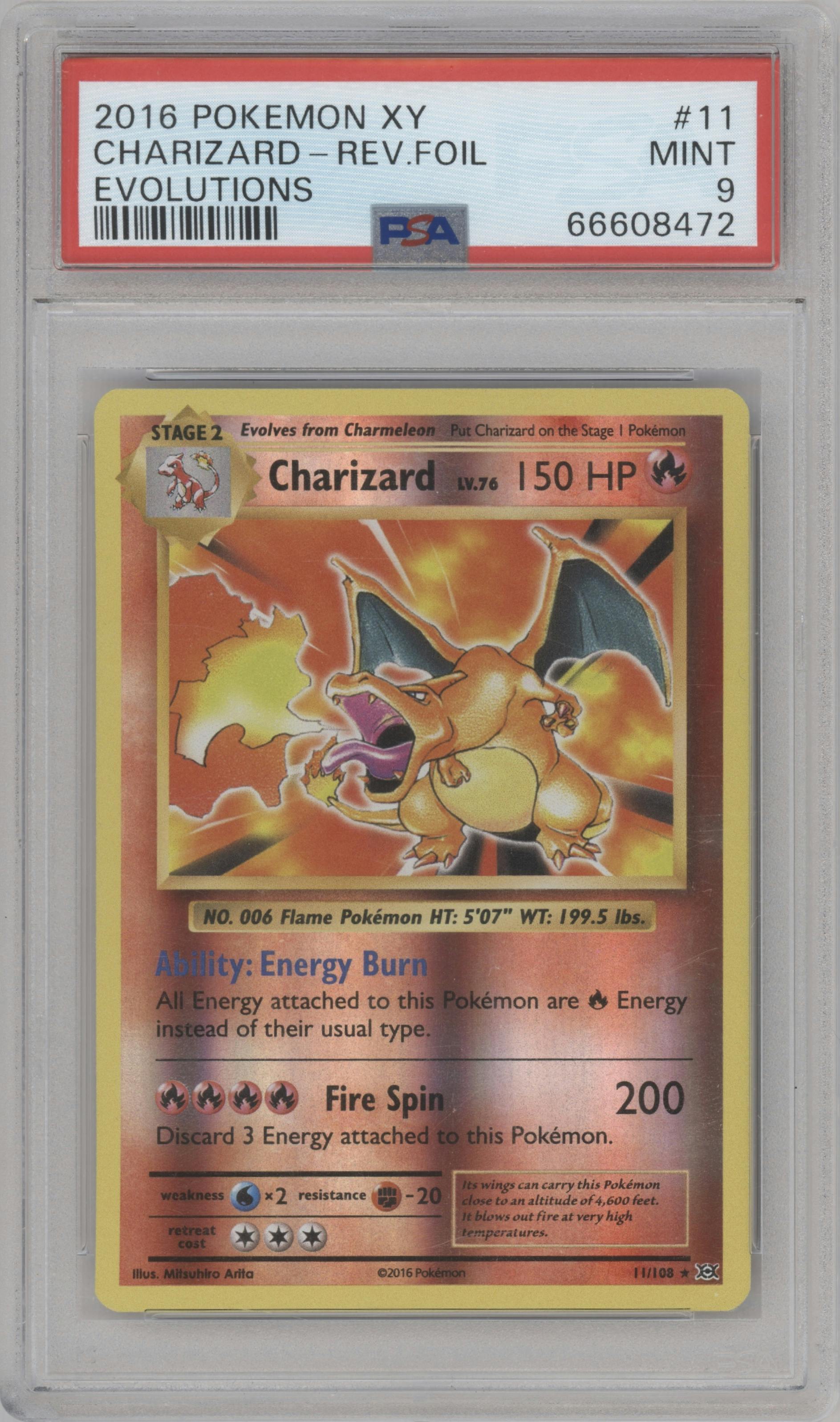 Charizard  from the 2016 Pokemon XY set graded by PSA and given an overall grade of 9.