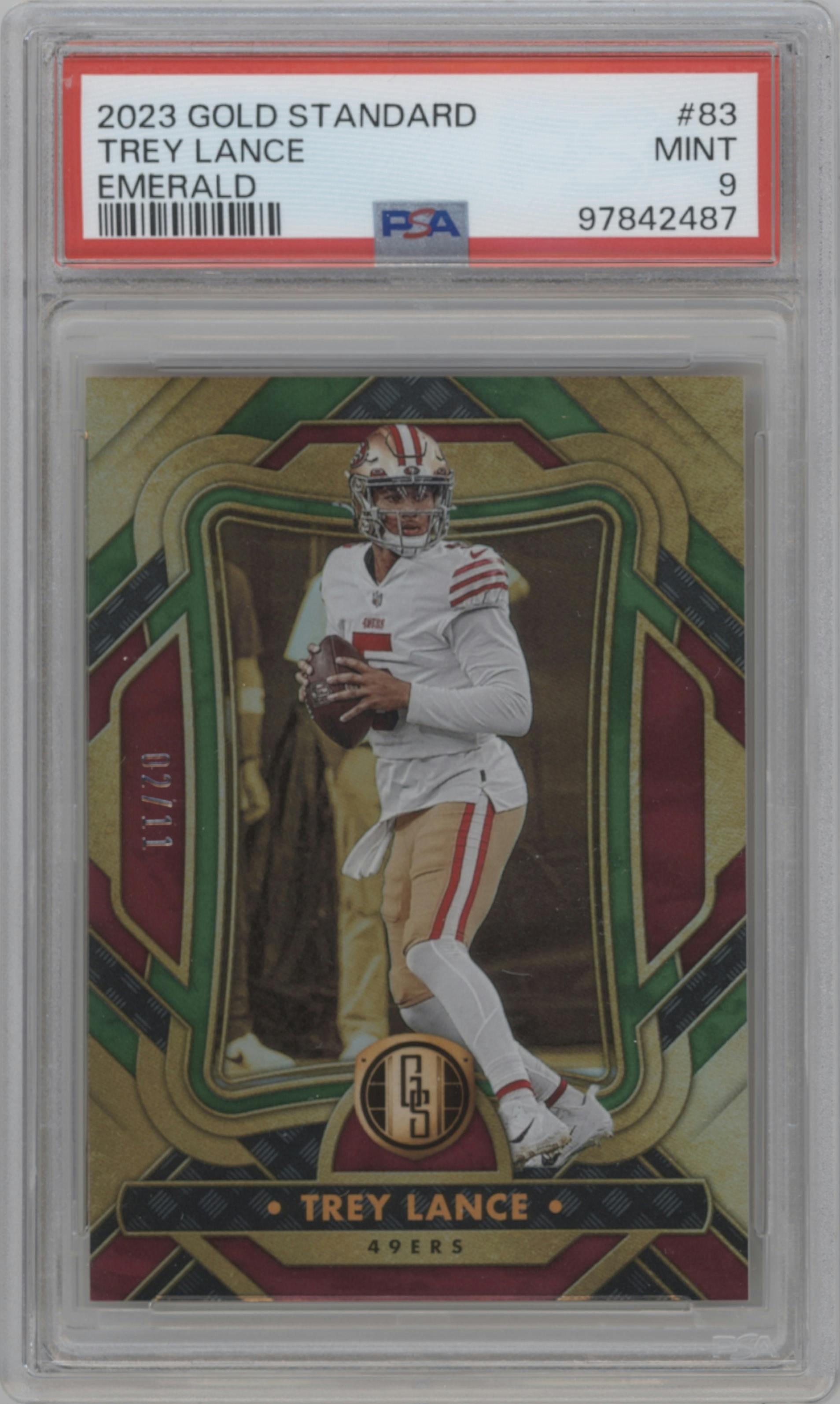 Trey Lance from the 2023 Panini Gold Standard set featuring a Emerald parallel graded by PSA and given an overall grade of 9.