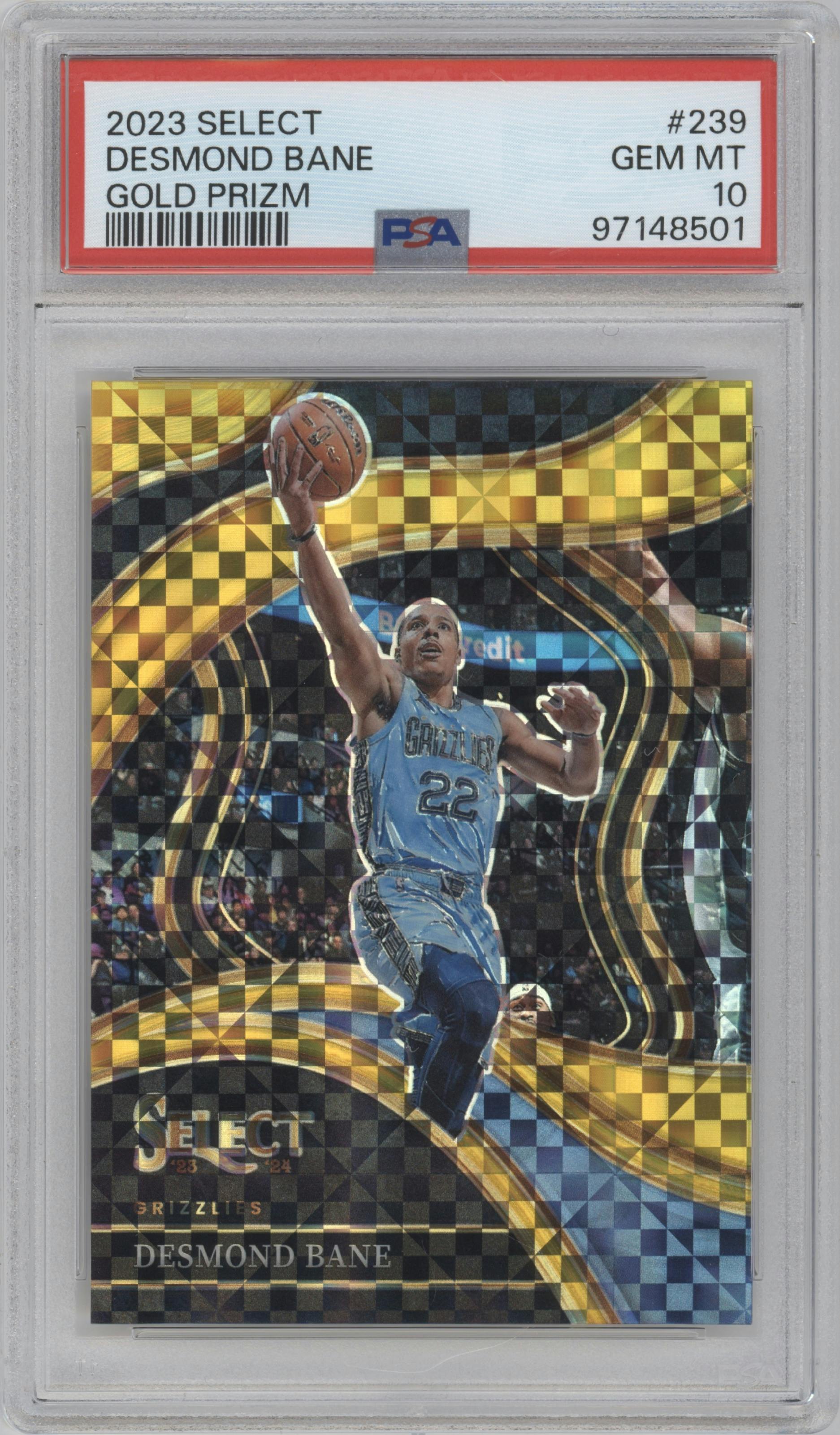 Desmond Bane from the 2023-24 Panini Select  set featuring a Gold Prizm parallel graded by PSA and given an overall grade of 10.