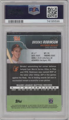Brooks Robinson  from the 2022 Stadium Club Chrome set featuring a Orange Refractor parallel graded by PSA and given an overall grade of 10.
