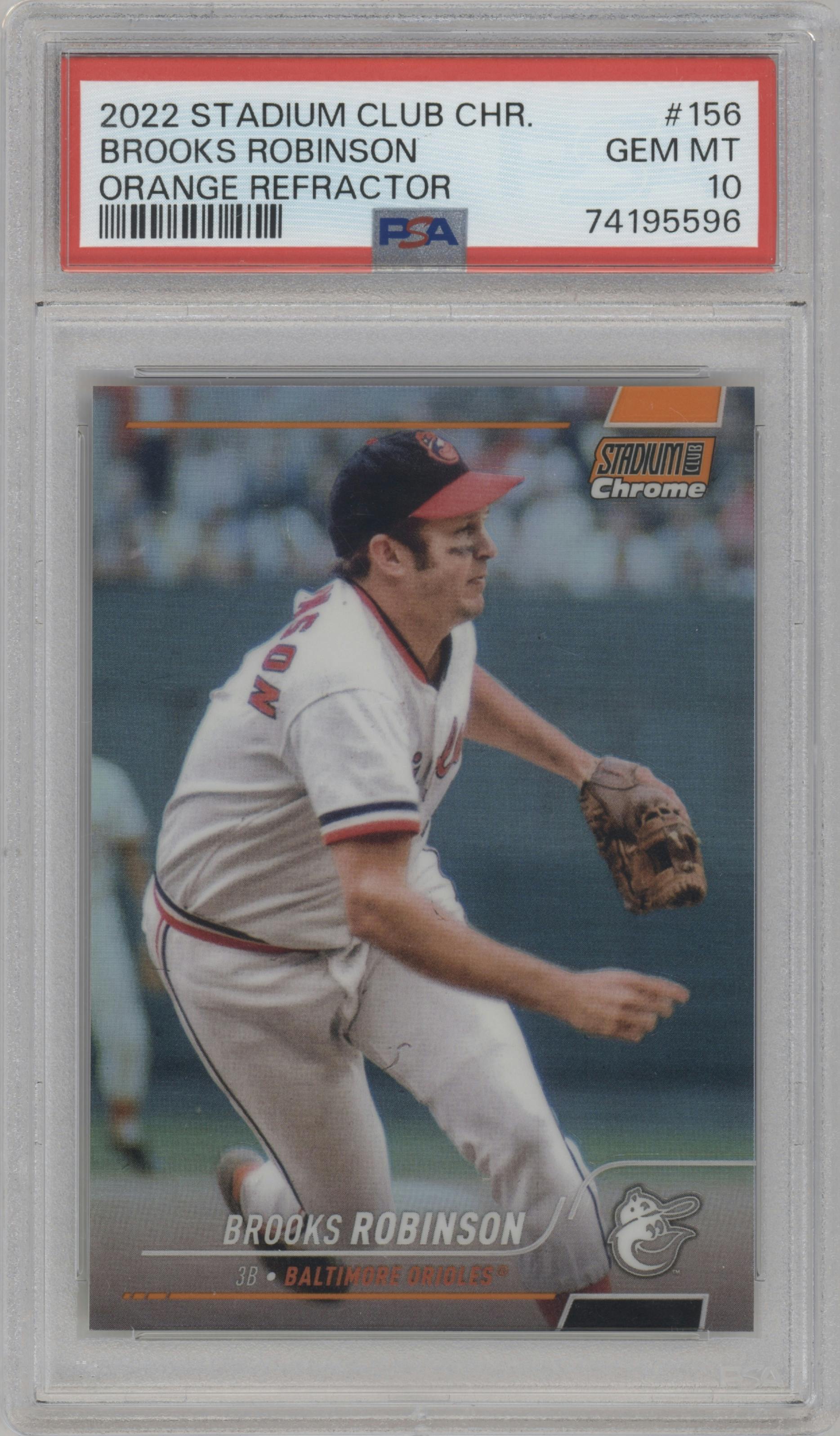 Brooks Robinson  from the 2022 Stadium Club Chrome set featuring a Orange Refractor parallel graded by PSA and given an overall grade of 10.