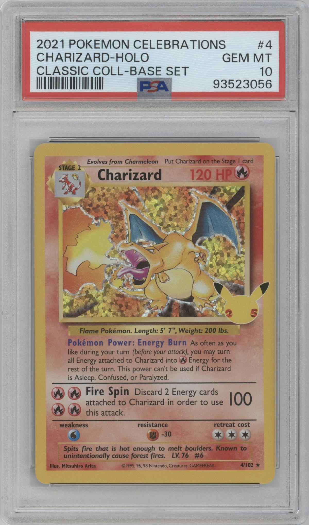 Charizard from the 2021 Pokemon SWSH set featuring a Base Set parallel graded by PSA and given an overall grade of 10.