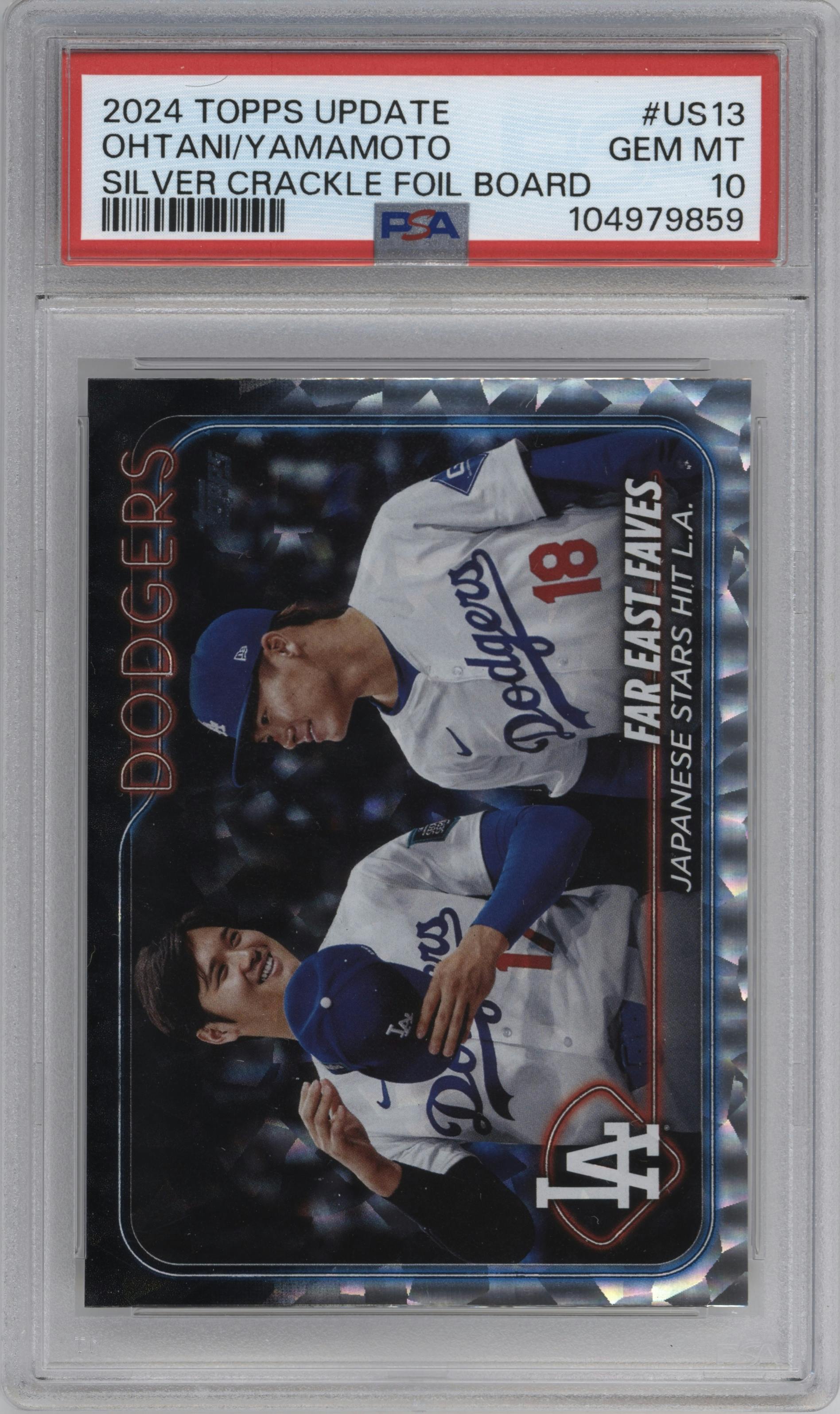 Shohei Ohtani/Yoshinobu Yamamoto from the 2024 Topps Update set featuring a Silver Crackle Foilboard parallel graded by PSA and given an overall grade of 10.