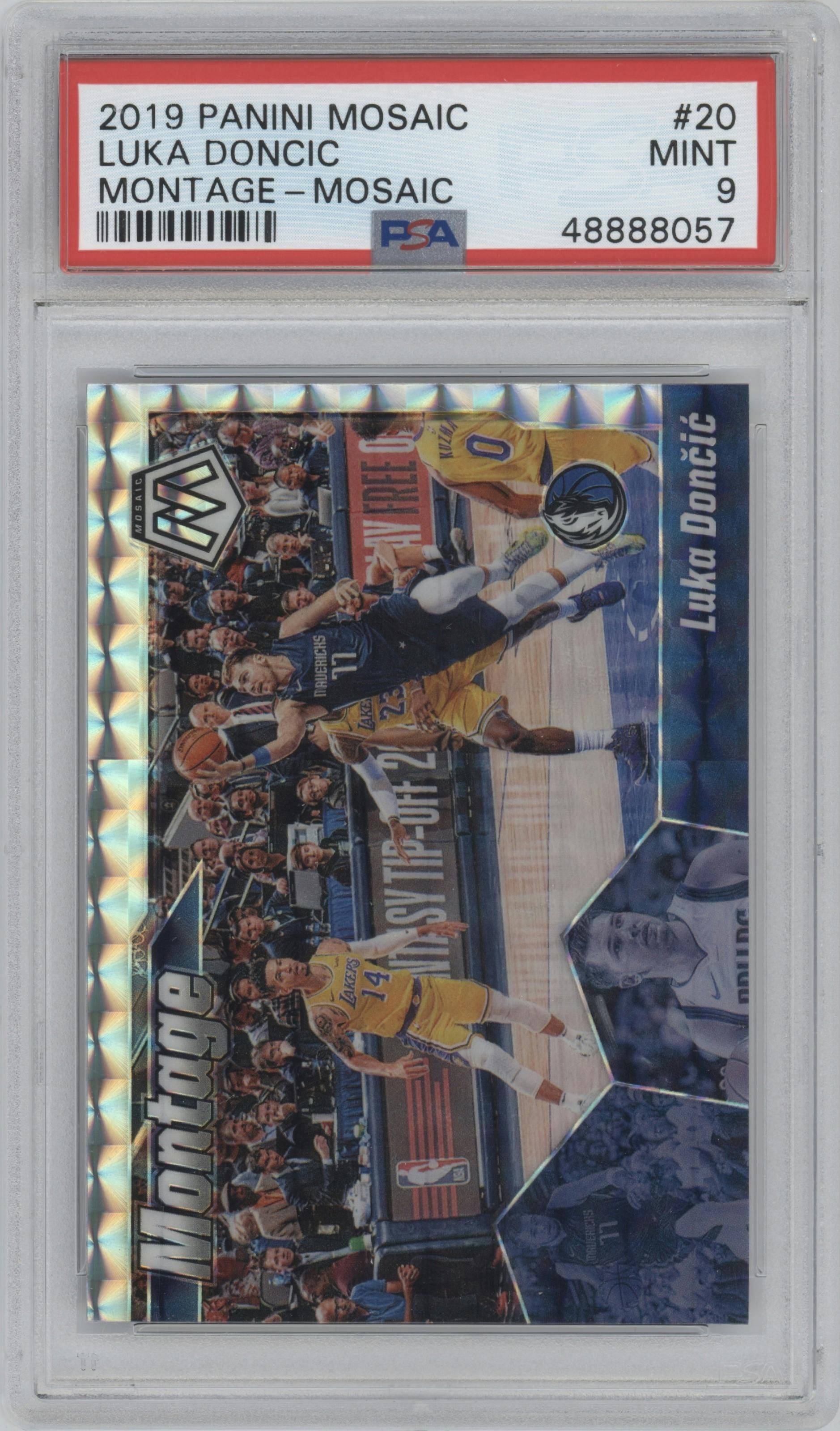 Luka Doncic from the 2019-20 Panini Mosaic  set featuring a Mosaic  parallel graded by PSA and given an overall grade of 9.